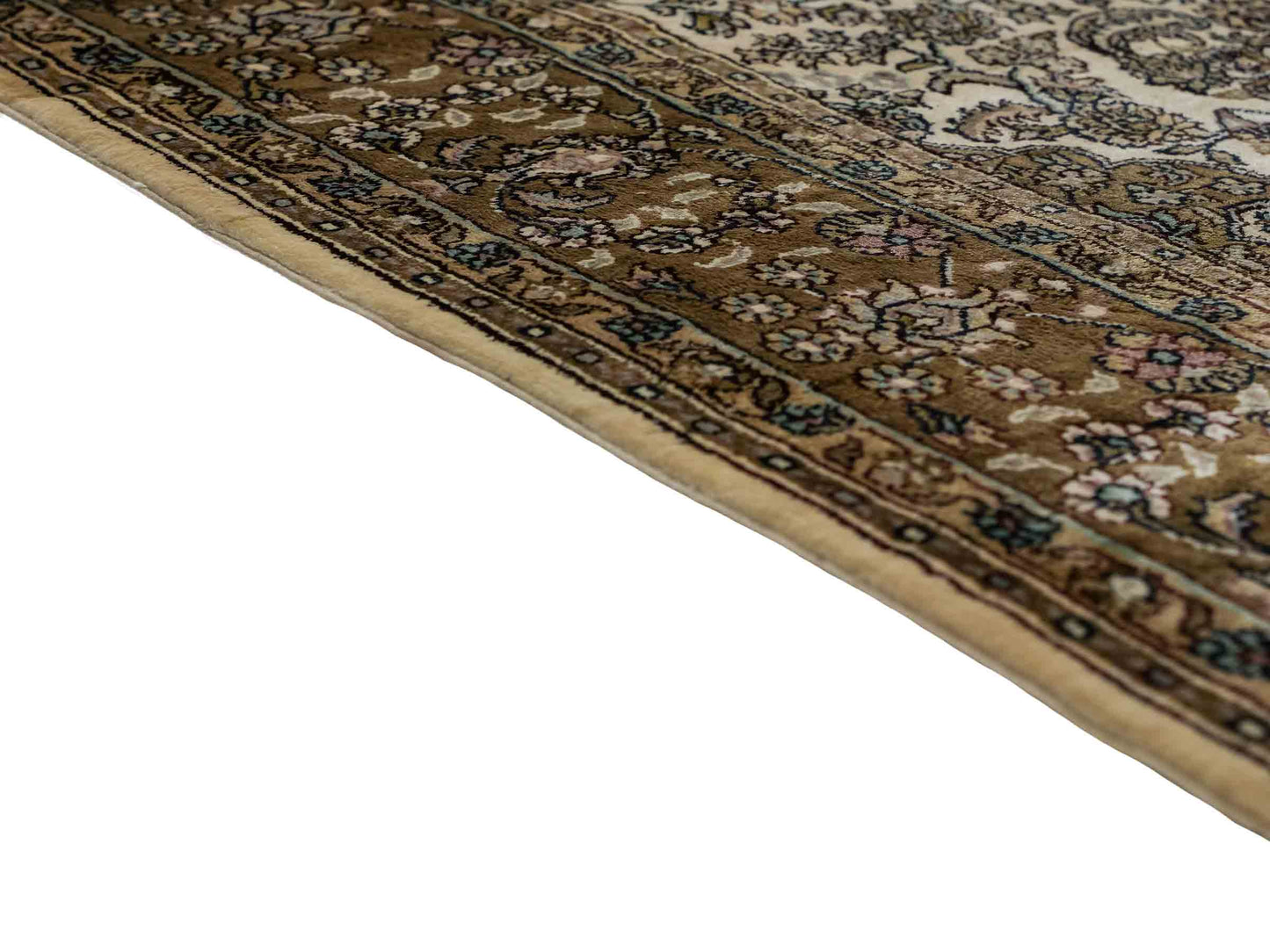 Sehr feiner, handgeknüpfter, chinesischer Ghom Orientteppich Läufer aus gesponnener Seide mit Medaillon-Design von Khademi, creme, braun. 303x80 cm. Verkauf durch Jupiter Intl.