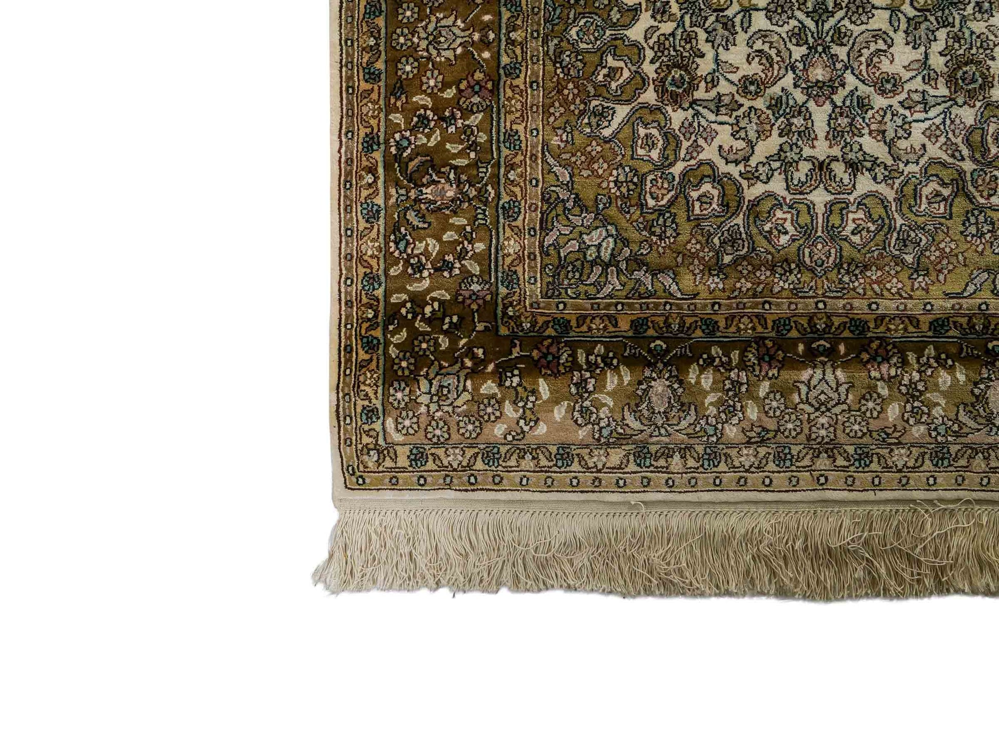 Sehr feiner, handgeknüpfter, chinesischer Ghom Orientteppich Läufer aus gesponnener Seide mit Medaillon-Design von Khademi, creme, braun. 303x80 cm. Verkauf durch Jupiter Intl.