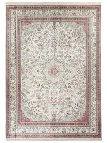 Feiner, handgeknüpfter, chinesischer Ghom Orientteppich aus gesponnener Seide mit Medaillon-Design von Khademi, creme, weiß, rosa. 359x273 cm. Verkauf durch Jupiter Intl.