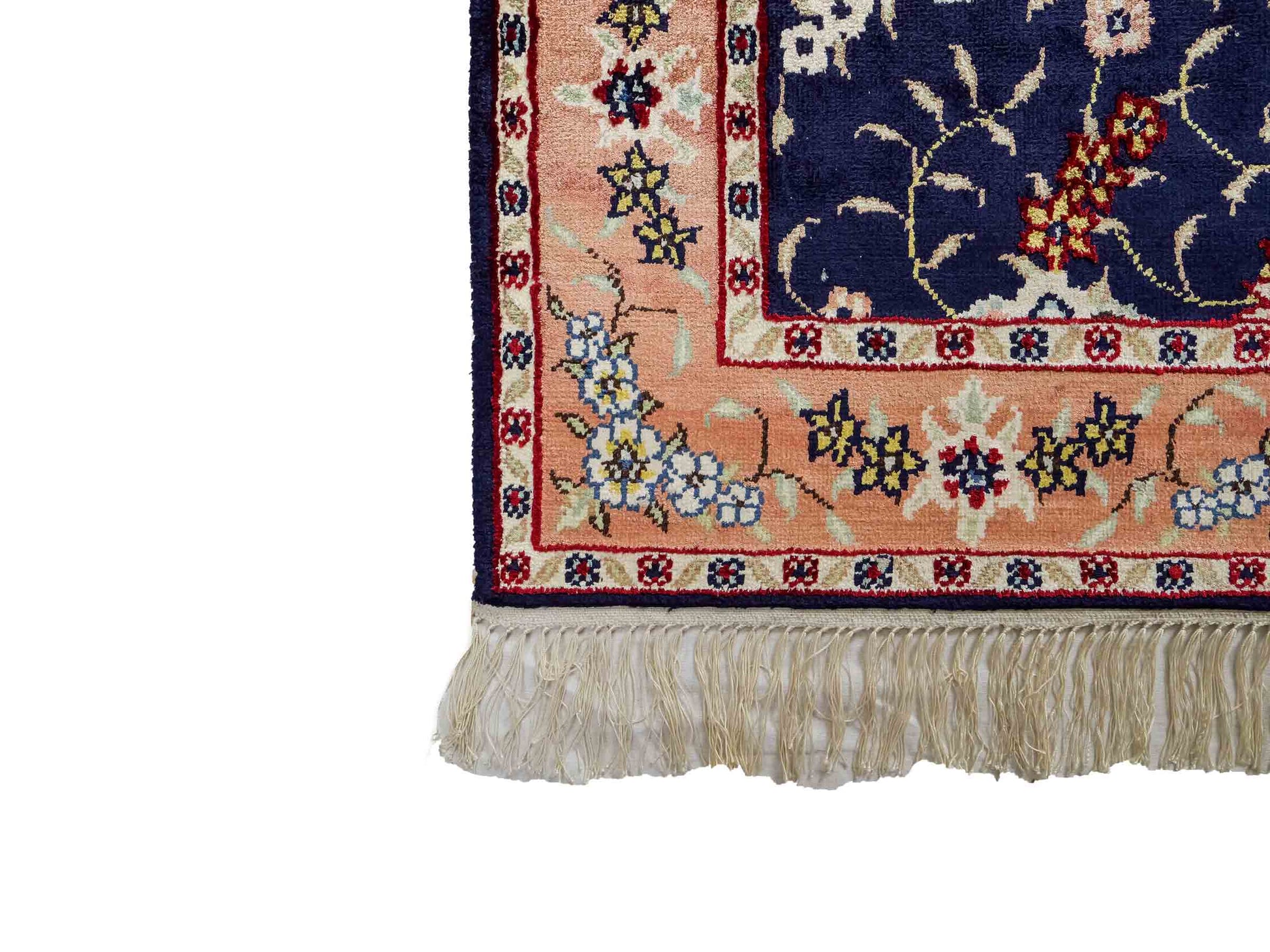 Feiner, handgeknüpfter, chinesischer Orientteppich mit Ghom Design aus Kunstseide, blau, lachs. 123x77 cm. Verkauf durch Jupiter Intl.
