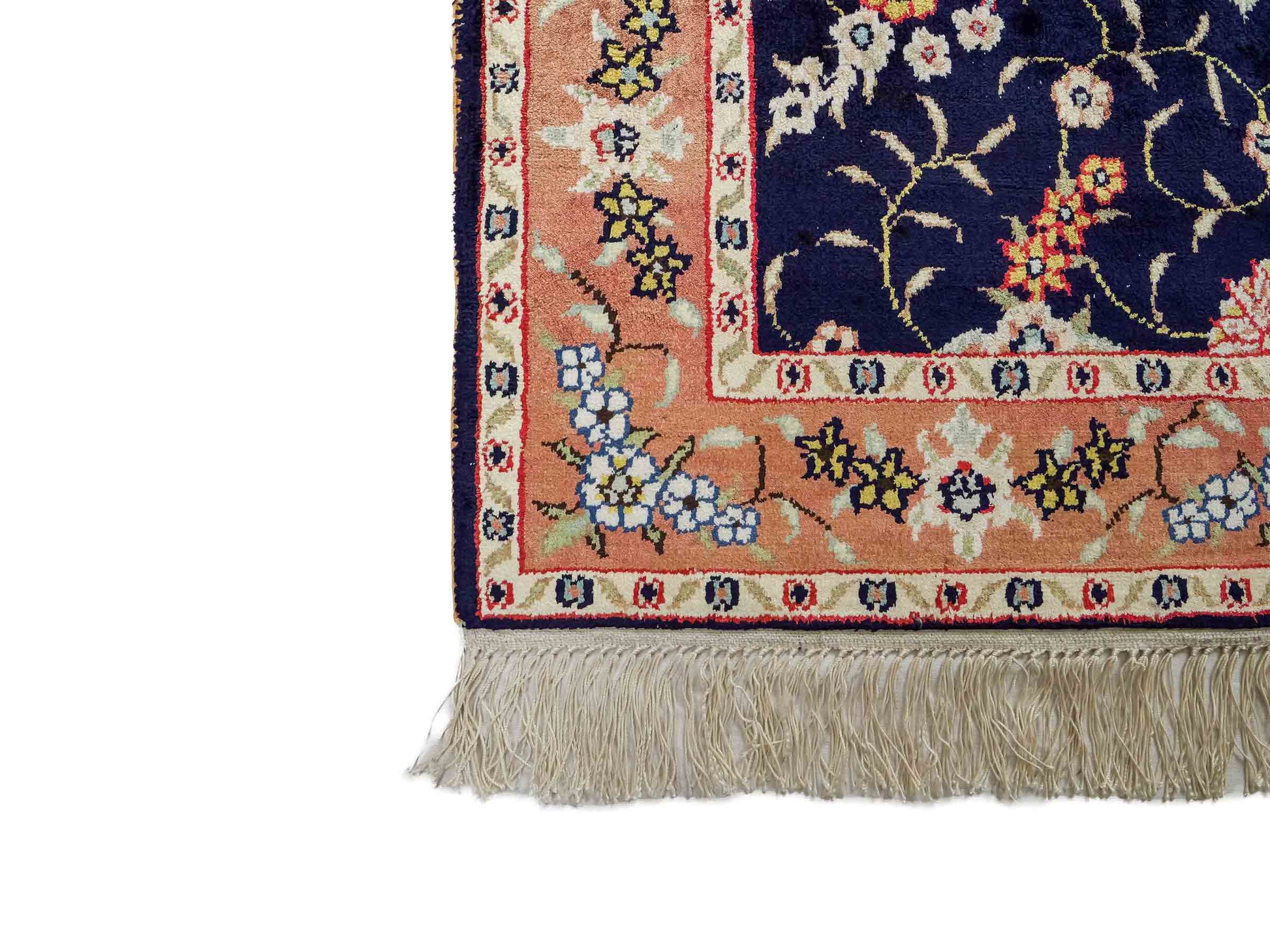 Feiner, handgeknüpfter, chinesischer Orientteppich mit Ghom Design aus Kunstseide, blau, lachs. 123x78 cm. Verkauf durch Jupiter Intl.
