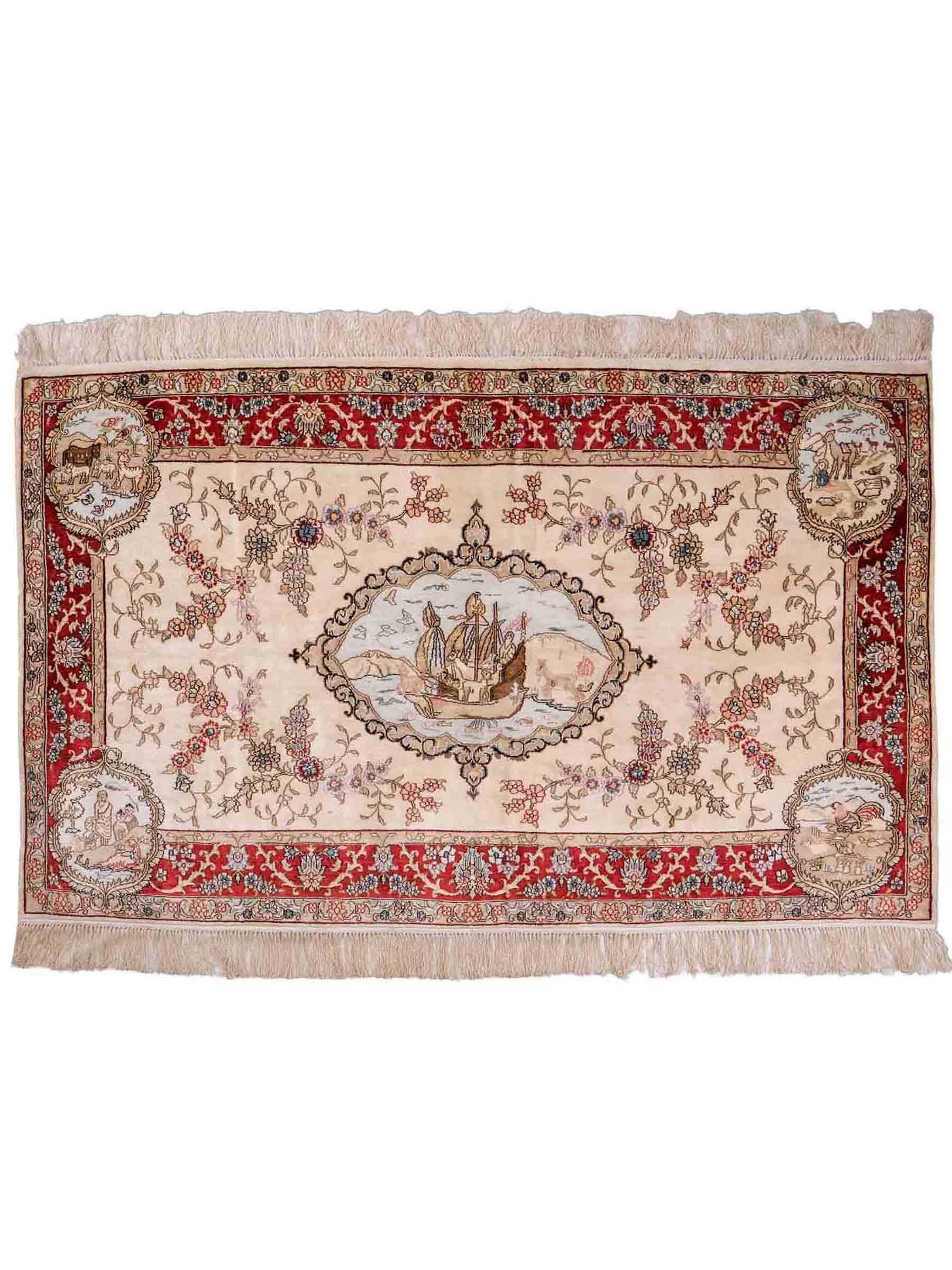 Sehr feiner, handgeknüpfter, chinesischer Orientteppich mit Ghom Design aus Kunstseide, creme, weiß, rot. 153x95 cm. Verkauf durch Jupiter Intl.