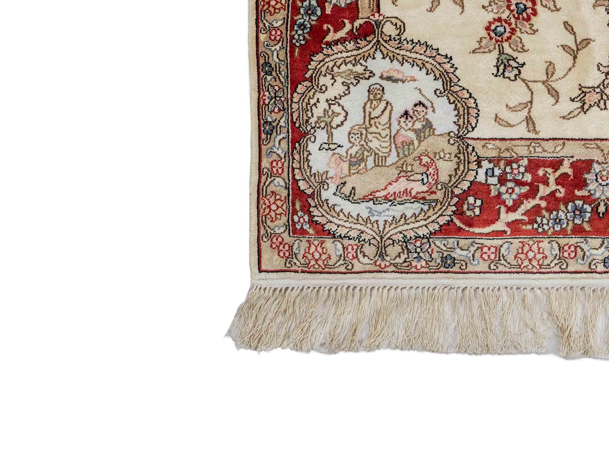 Sehr feiner, handgeknüpfter, chinesischer Orientteppich mit Ghom Design aus Kunstseide, creme, weiß, rot. 153x95 cm. Verkauf durch Jupiter Intl.