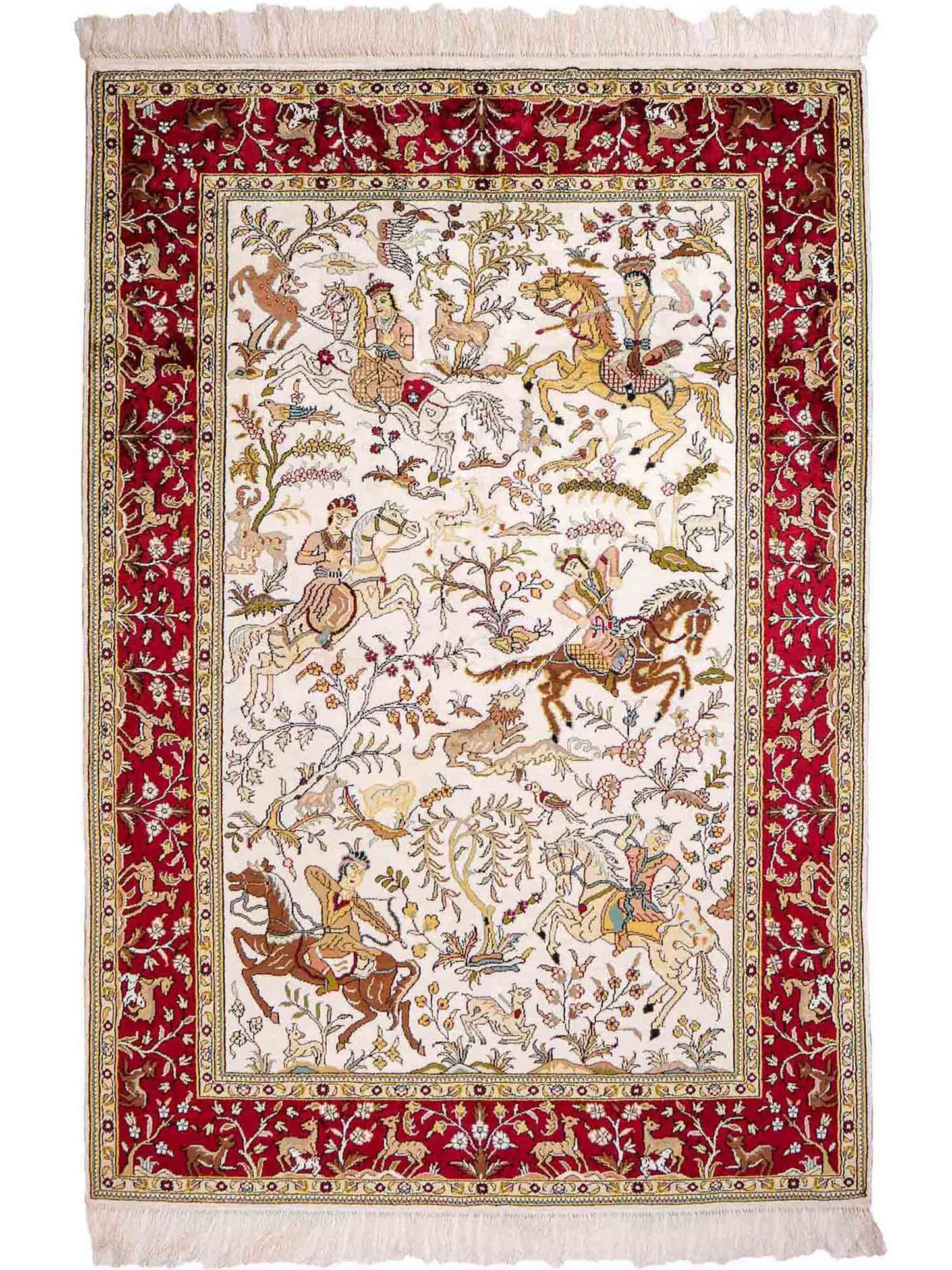 Feiner, handgeknüpfter, chinesischer Orientteppich mit Ghom Design aus Kunstseide, weiß, rot, creme. 180x123 cm. Verkauf durch Jupiter Intl.