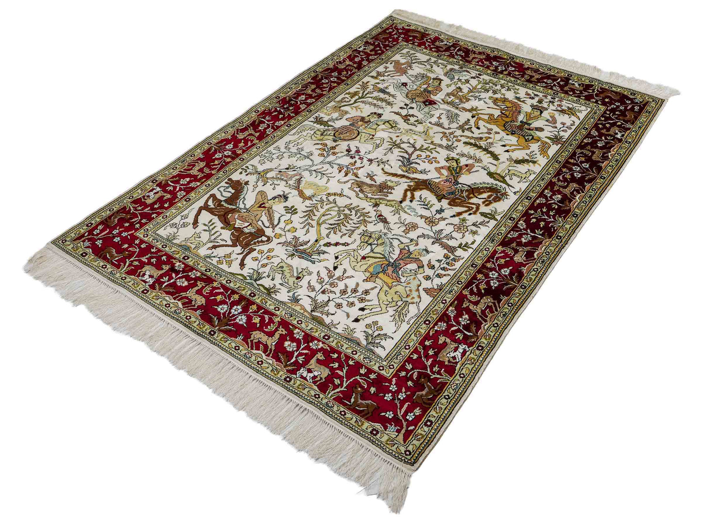 Feiner, handgeknüpfter, chinesischer Orientteppich mit Ghom Design aus Kunstseide, weiß, rot, creme. 180x123 cm. Verkauf durch Jupiter Intl.
