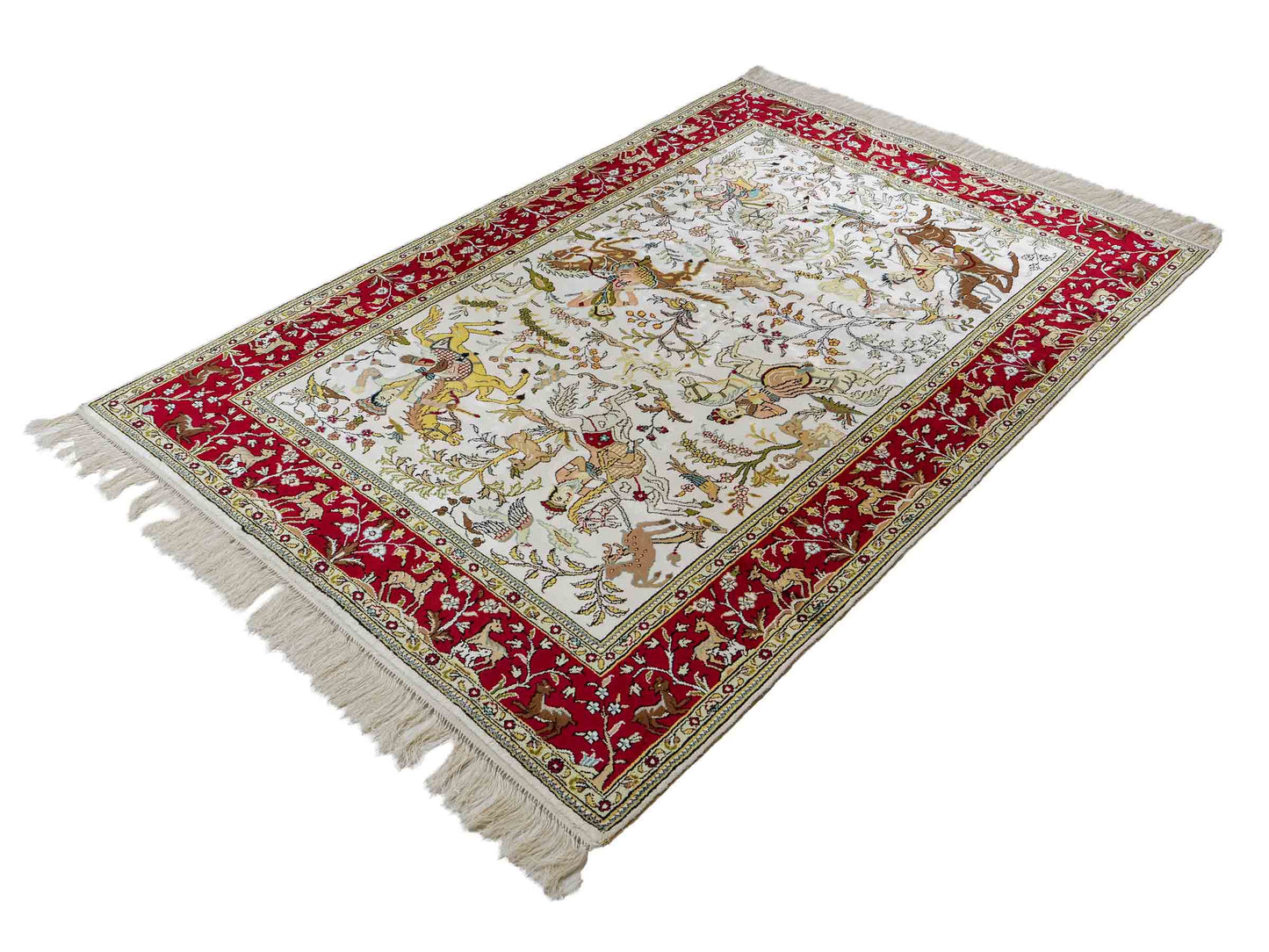 Feiner, handgeknüpfter, chinesischer Orientteppich mit Ghom Design aus Kunstseide, weiß, rot, creme. 180x123 cm. Verkauf durch Jupiter Intl.