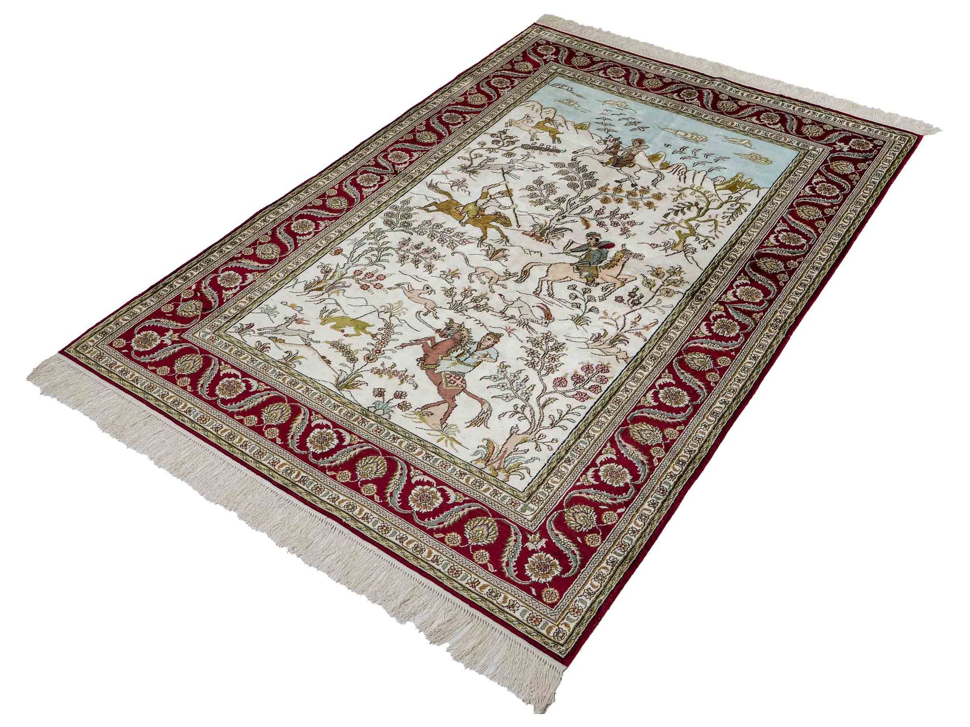 Feiner, handgeknüpfter Art Ghom aus Kunstseide. Ursprung China. Größe: 193 x 121 cm. Hauptfarben: Weiß, Creme, Rot. Vertrieb durch JUPITER Intl.