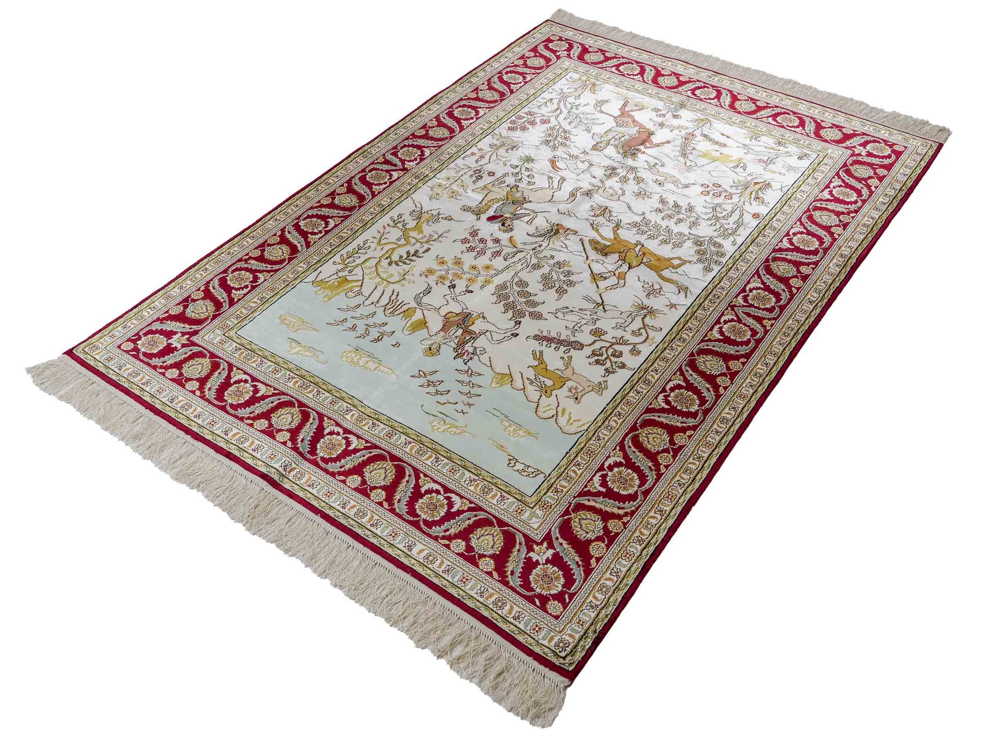 Feiner, handgeknüpfter Art Ghom aus Kunstseide. Ursprung China. Größe: 193 x 121 cm. Hauptfarben: Weiß, Creme, Rot. Vertrieb durch JUPITER Intl.