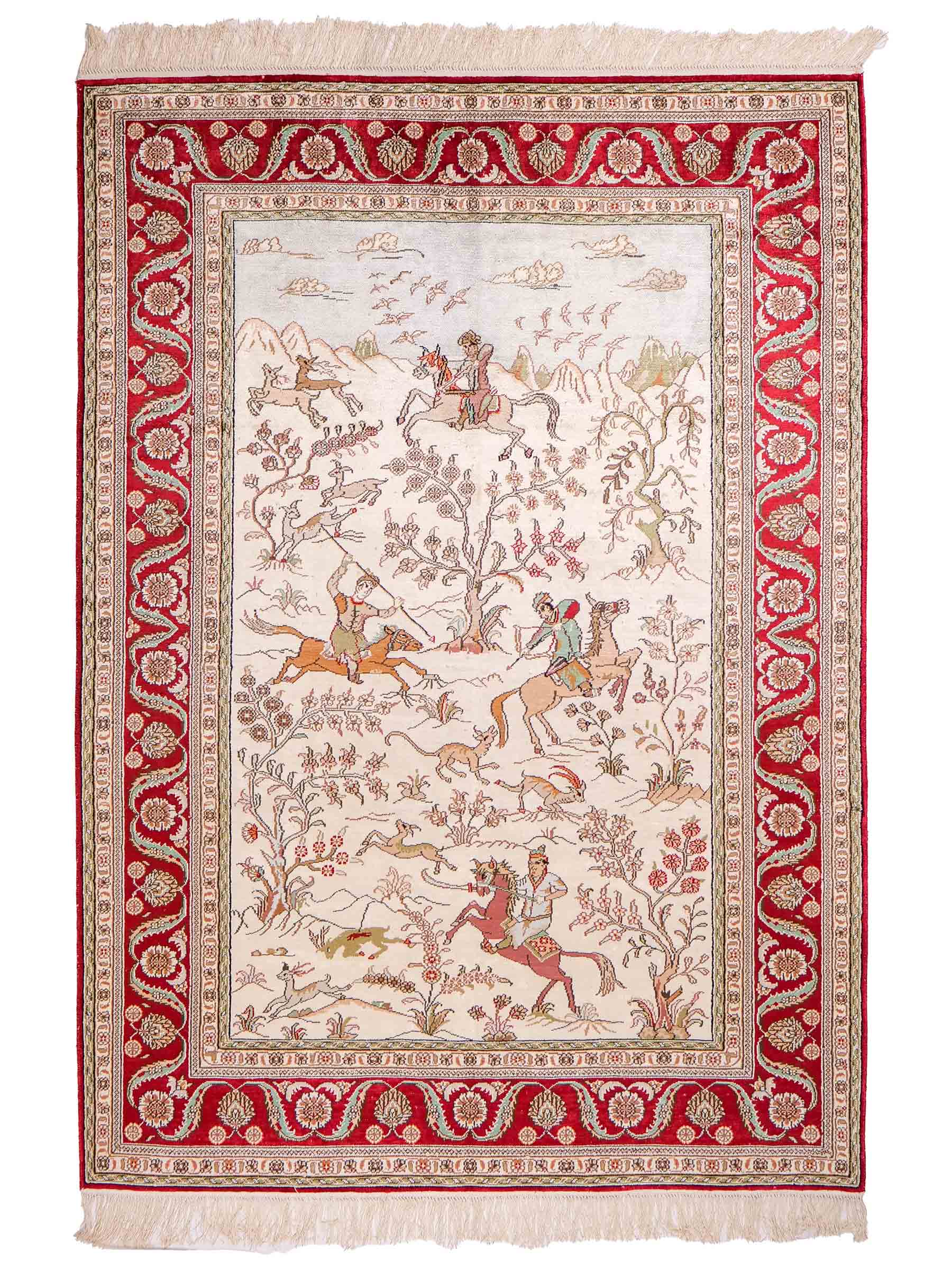 Feiner, handgeknüpfter Art Ghom aus Kunstseide. Ursprung China. Größe: 180 x 124 cm. Hauptfarben: Weiß, Creme, Rot. Vertrieb durch JUPITER Intl.