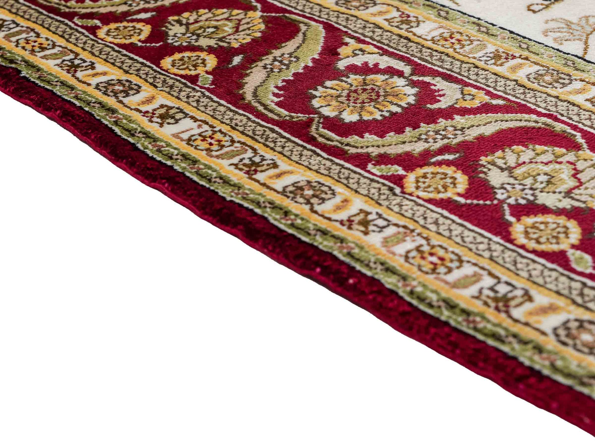 Feiner, handgeknüpfter Art Ghom aus Kunstseide. Ursprung China. Größe: 180 x 124 cm. Hauptfarben: Weiß, Creme, Rot. Vertrieb durch JUPITER Intl.