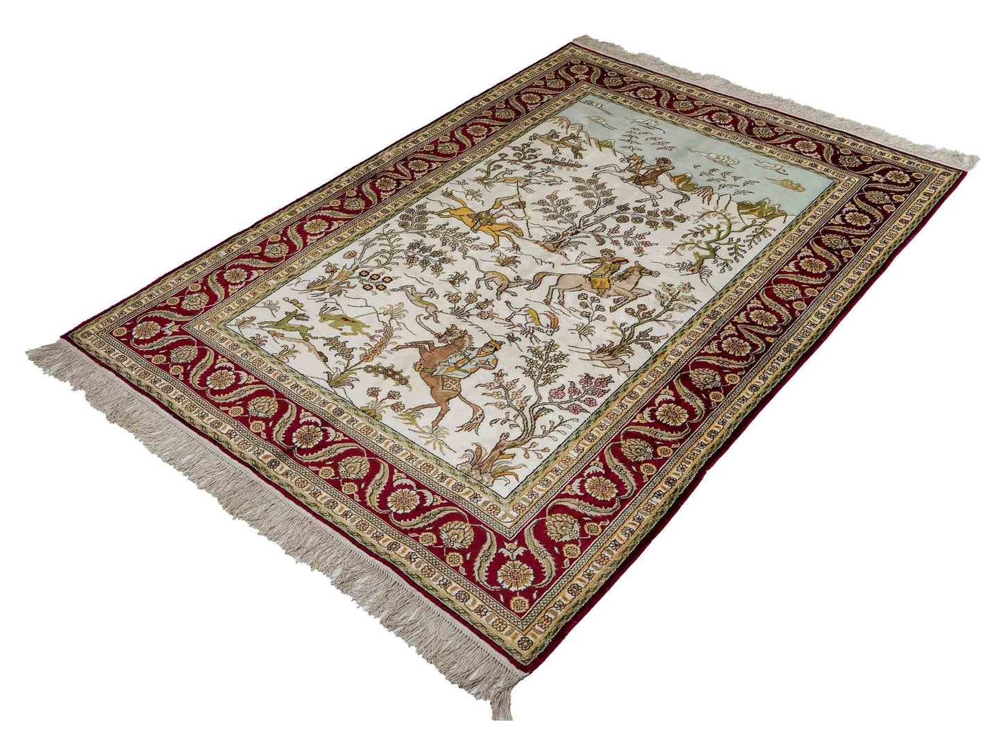 Feiner, handgeknüpfter Art Ghom aus Kunstseide. Ursprung China. Größe: 180 x 124 cm. Hauptfarben: Weiß, Creme, Rot. Vertrieb durch JUPITER Intl.