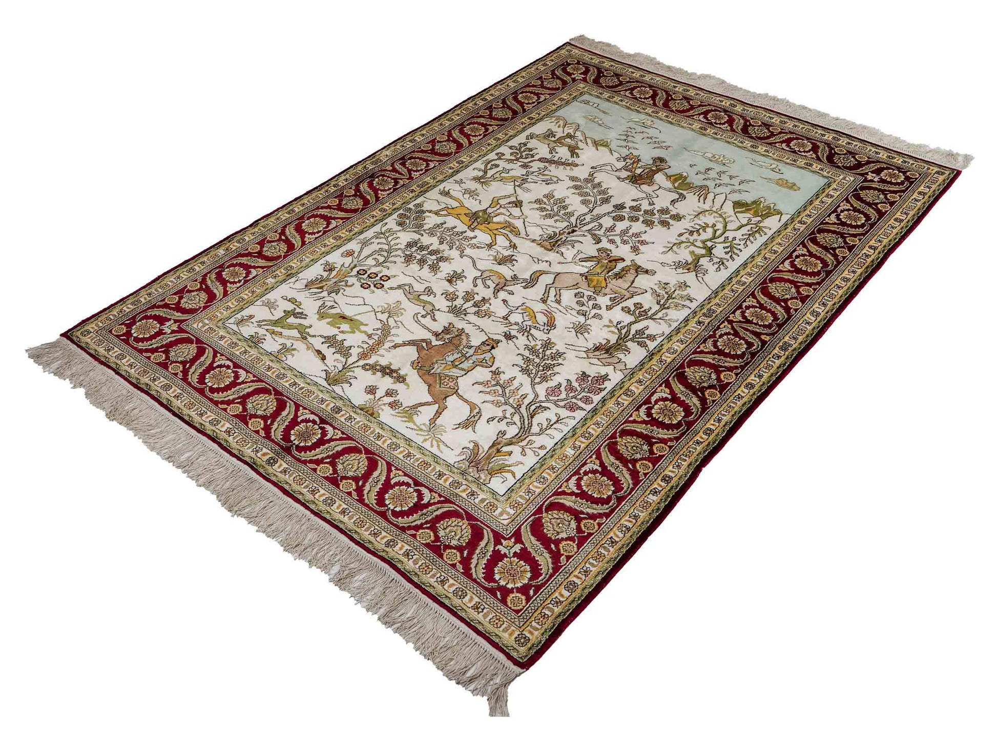 Feiner, handgeknüpfter Art Ghom aus Kunstseide. Ursprung China. Größe: 180 x 124 cm. Hauptfarben: Weiß, Creme, Rot. Vertrieb durch JUPITER Intl.