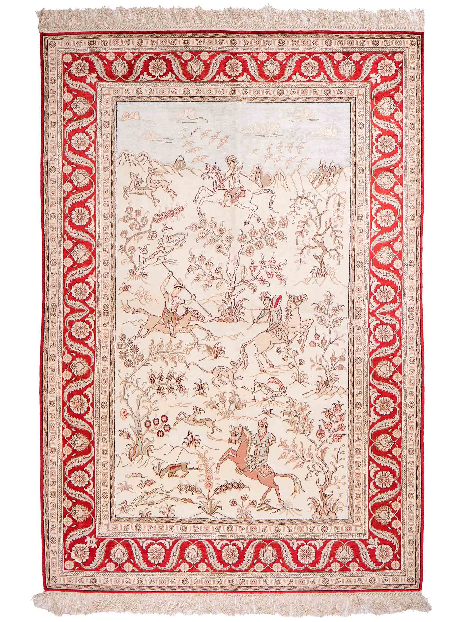 Feiner, handgeknüpfter Art Ghom aus Kunstseide. Ursprung China. Größe: 183 x 123 cm. Hauptfarben: Weiß, Creme, Rot. Vertrieb durch JUPITER Intl.