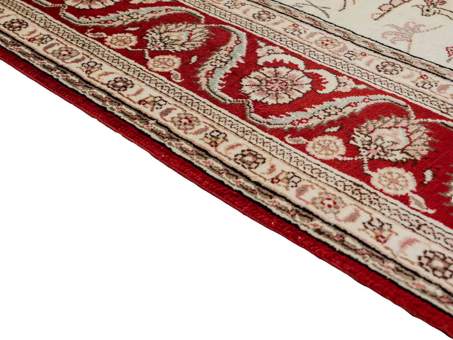 Feiner, handgeknüpfter Art Ghom aus Kunstseide. Ursprung China. Größe: 183 x 123 cm. Hauptfarben: Weiß, Creme, Rot. Vertrieb durch JUPITER Intl.