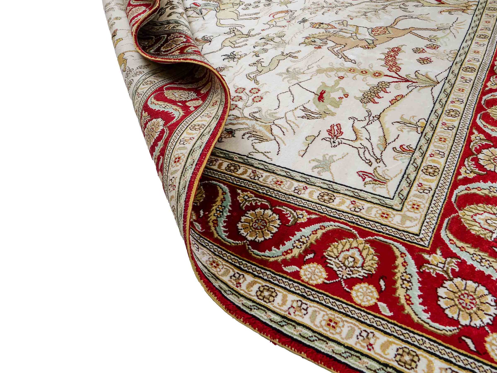 Feiner, handgeknüpfter Art Ghom aus Kunstseide. Ursprung China. Größe: 183 x 124 cm. Hauptfarben: Weiß, Creme, Rot. Vertrieb durch JUPITER Intl.