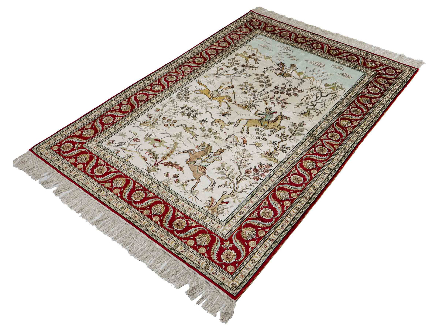 Feiner, handgeknüpfter Art Ghom aus Kunstseide. Ursprung China. Größe: 183 x 124 cm. Hauptfarben: Weiß, Creme, Rot. Vertrieb durch JUPITER Intl.