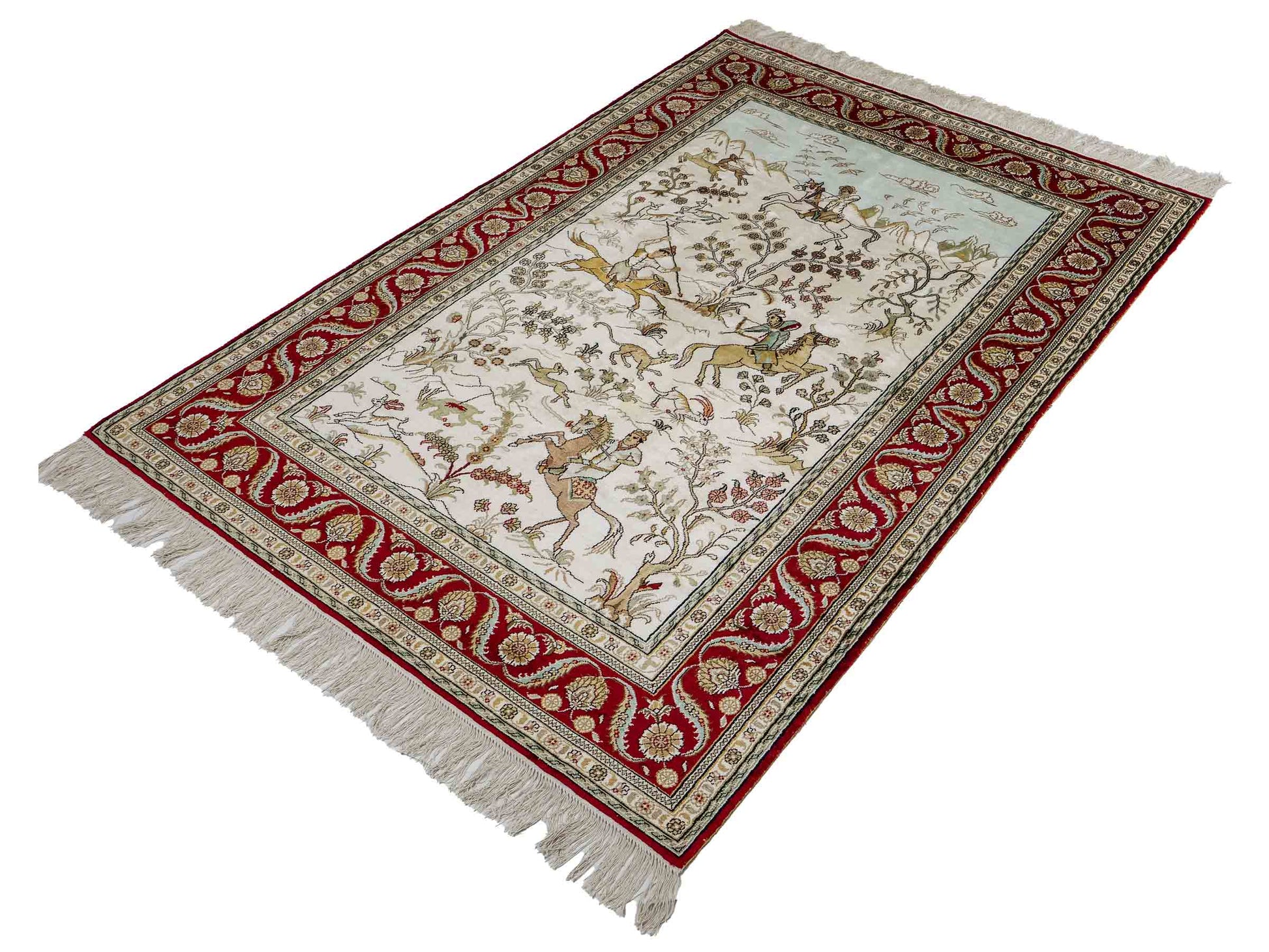 Feiner, handgeknüpfter Art Ghom aus Kunstseide. Ursprung China. Größe: 183 x 124 cm. Hauptfarben: Weiß, Creme, Rot. Vertrieb durch JUPITER Intl.