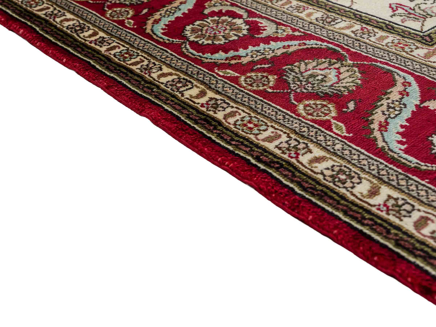 Feiner, handgeknüpfter, chinesischer Orientteppich mit Ghom Design aus Kunstseide, creme, weiß, rot, blau. 183x125 cm. Verkauf durch Jupiter Intl.