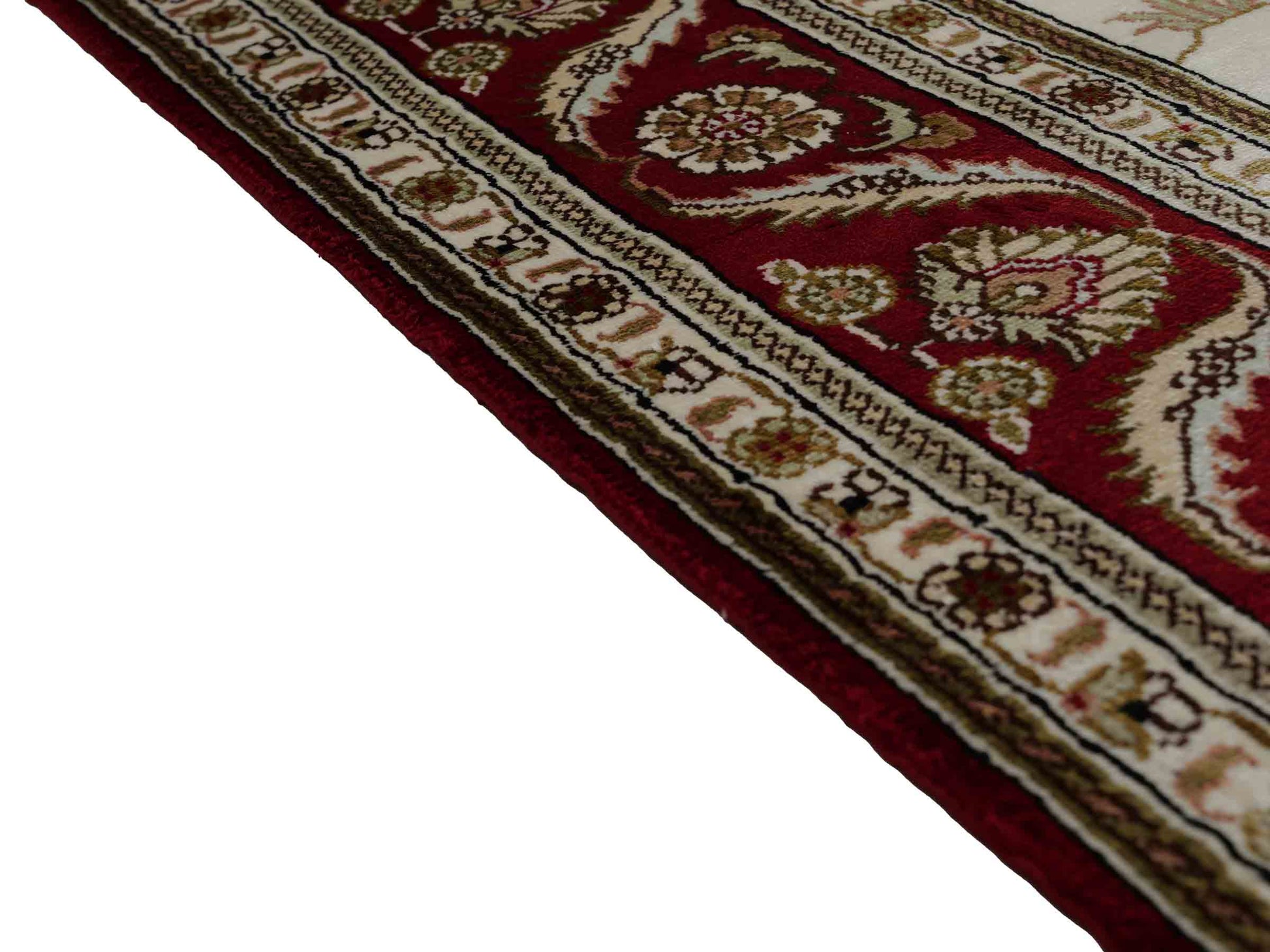 Feiner, handgeknüpfter Art Ghom aus Kunstseide. Ursprung China. Größe: 183 x 126 cm. Hauptfarben: Weiß, Creme, Rot. Vertrieb durch JUPITER Intl.