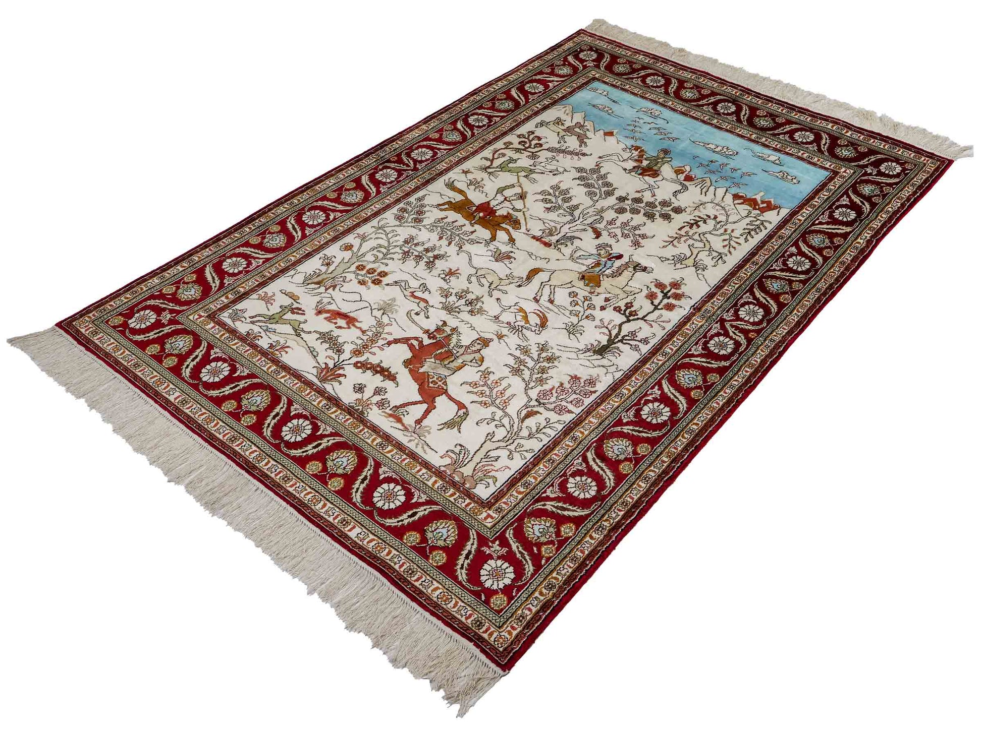 Feiner, handgeknüpfter Art Ghom aus Kunstseide. Ursprung China. Größe: 184 x 120 cm. Hauptfarben: Weiß, Creme, Rot. Vertrieb durch JUPITER Intl.