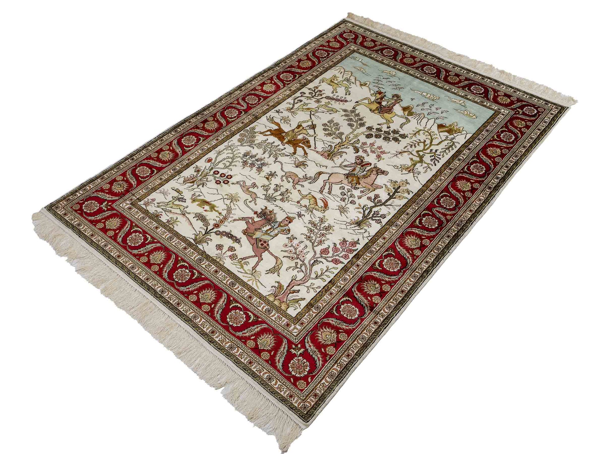 Feiner, handgeknüpfter Art Ghom aus Kunstseide. Ursprung China. Größe: 184 x 125 cm. Hauptfarben: Weiß, Creme, Rot. Vertrieb durch JUPITER Intl.