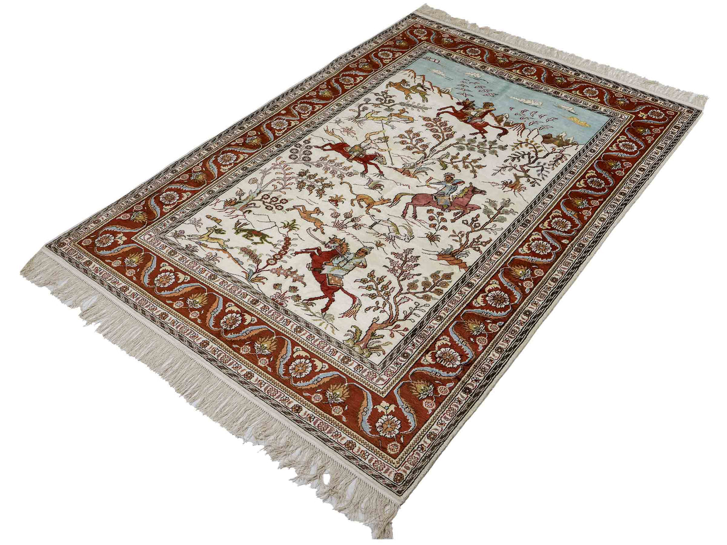 Feiner, handgeknüpfter Art Ghom aus Kunstseide. Ursprung China. Größe: 184 x 125 cm. Hauptfarben: Weiß, Creme, Rot. Vertrieb durch JUPITER Intl.