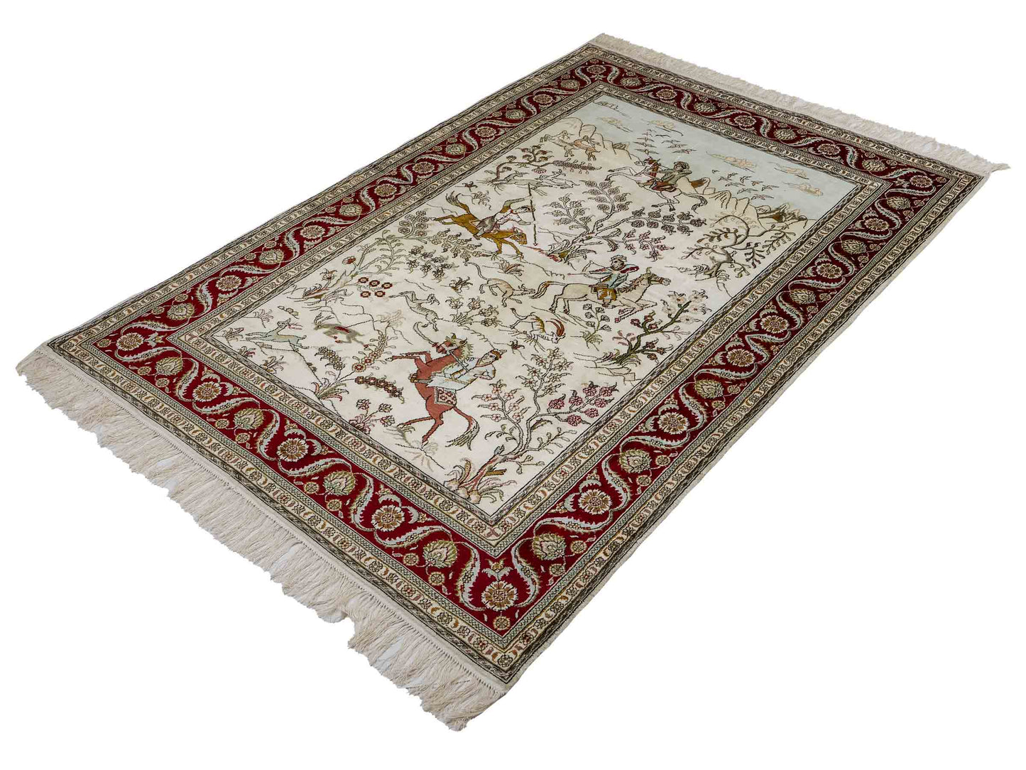 Feiner, handgeknüpfter Art Ghom aus Kunstseide. Ursprung China. Größe: 185 x 122 cm. Hauptfarben: Weiß, Creme, Rot. Vertrieb durch JUPITER Intl.