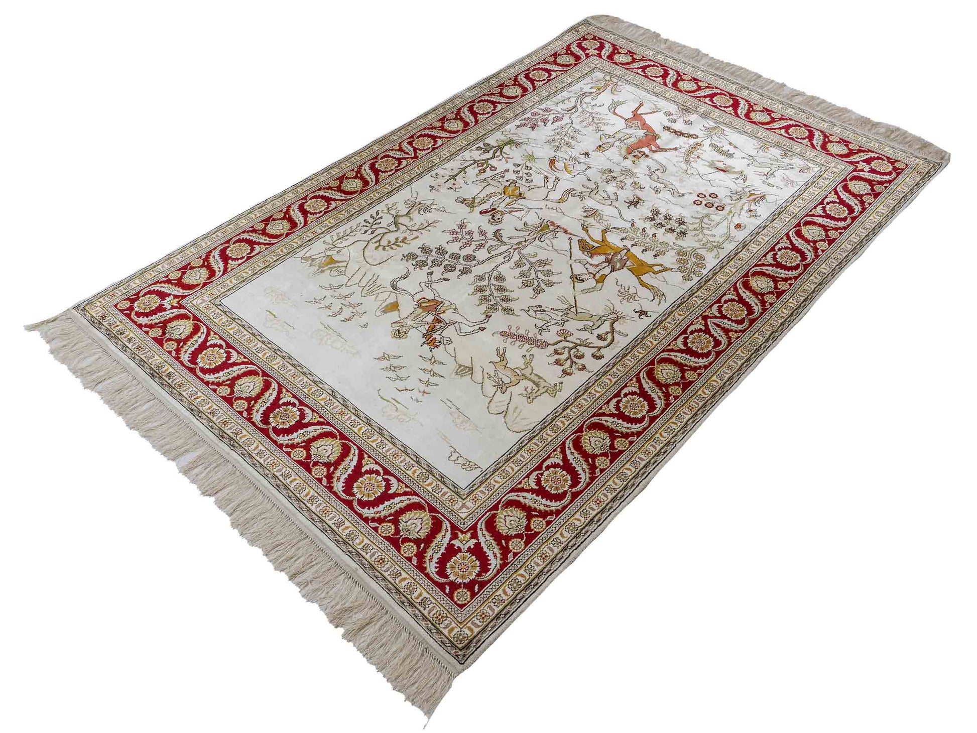 Feiner, handgeknüpfter Art Ghom aus Kunstseide. Ursprung China. Größe: 185 x 122 cm. Hauptfarben: Weiß, Creme, Rot. Vertrieb durch JUPITER Intl.