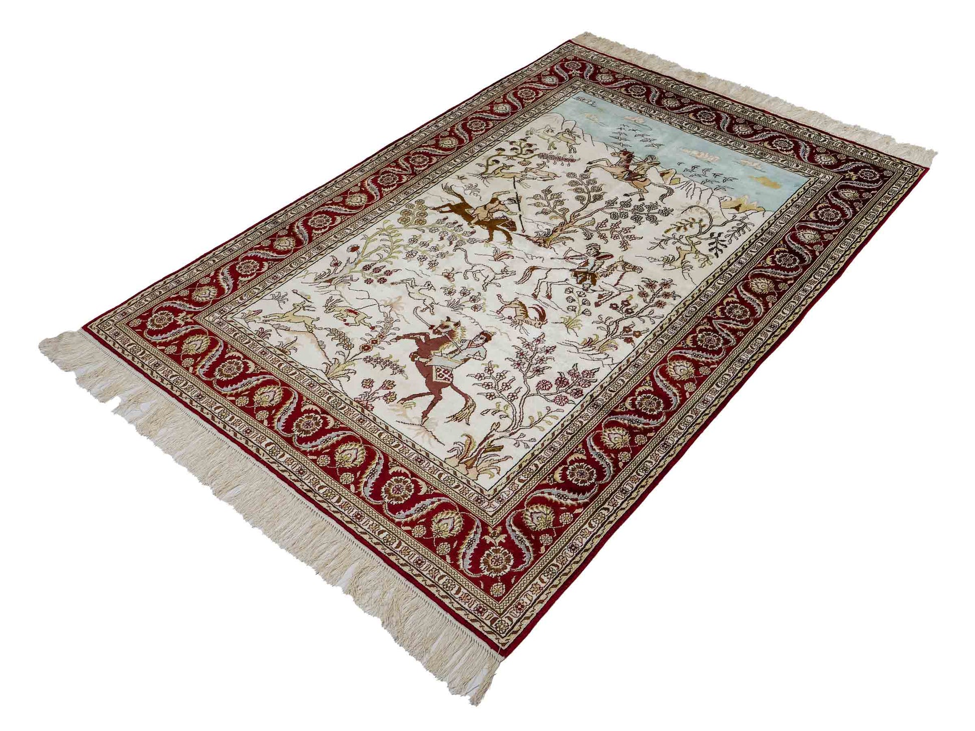 Feiner, handgeknüpfter Art Ghom aus Kunstseide. Ursprung China. Größe: 185 x 124 cm. Hauptfarben: Weiß, Creme, Rot. Vertrieb durch JUPITER Intl.