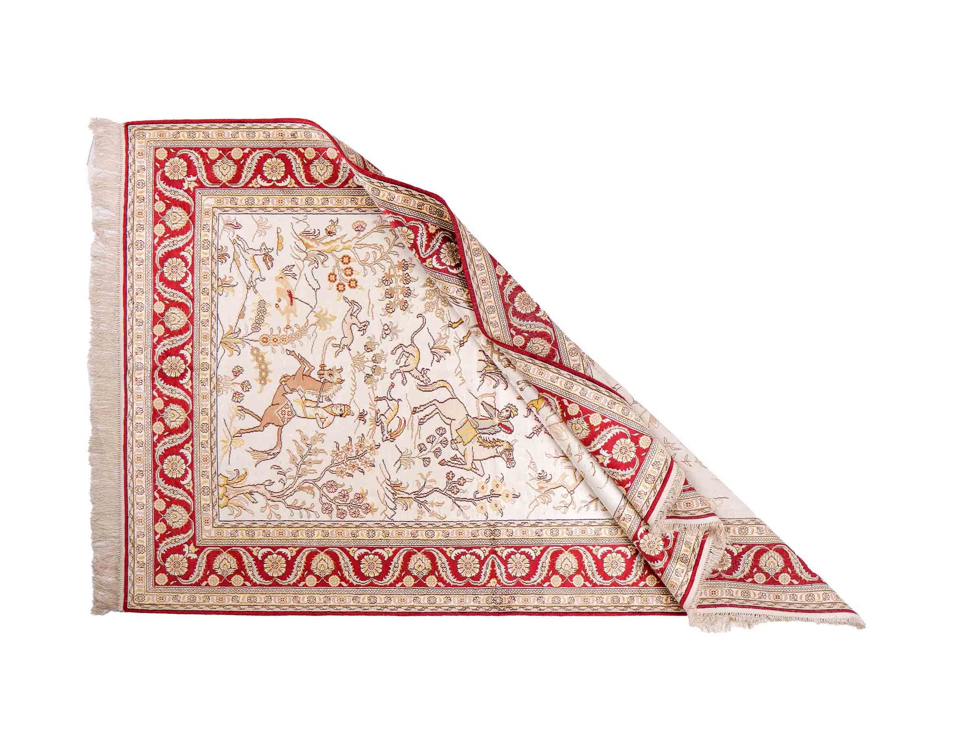 Feiner, handgeknüpfter Art Ghom aus Kunstseide. Ursprung China. Größe: 185 x 127 cm. Hauptfarben: Weiß, Creme, Rot. Vertrieb durch JUPITER Intl.