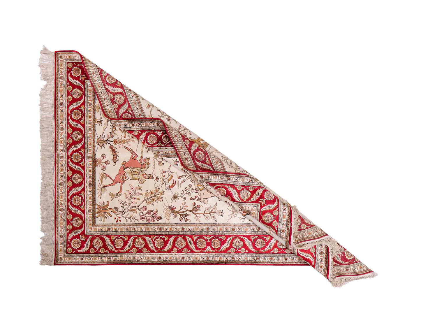 Feiner, handgeknüpfter Art Ghom aus Kunstseide. Ursprung China. Größe: 186 x 124 cm. Hauptfarben: Weiß, Creme, Rot. Vertrieb durch JUPITER Intl.