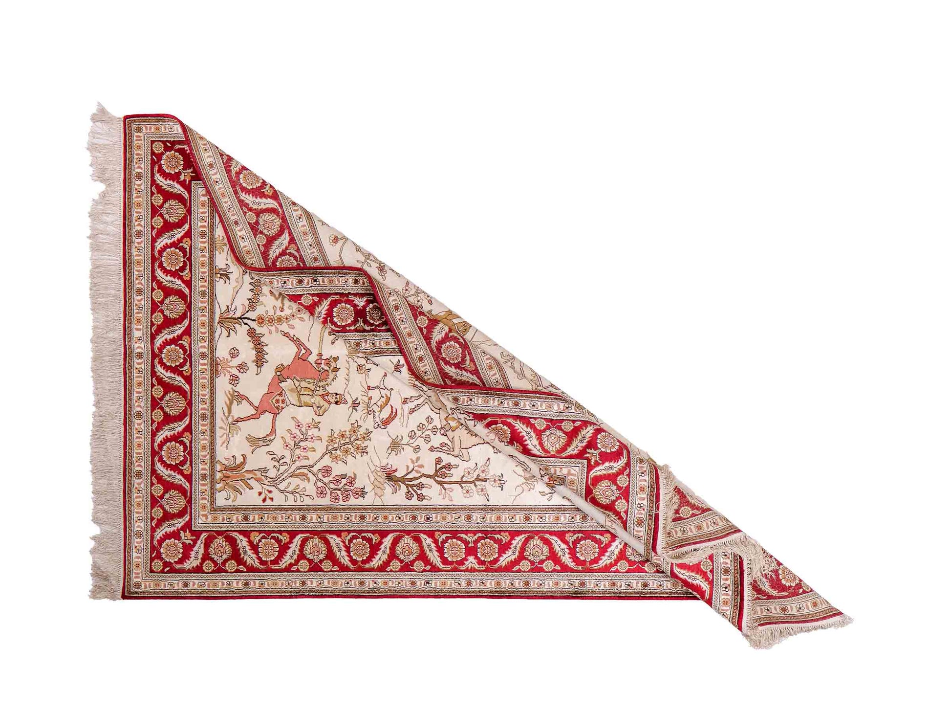 Feiner, handgeknüpfter Art Ghom aus Kunstseide. Ursprung China. Größe: 186 x 124 cm. Hauptfarben: Weiß, Creme, Rot. Vertrieb durch JUPITER Intl.