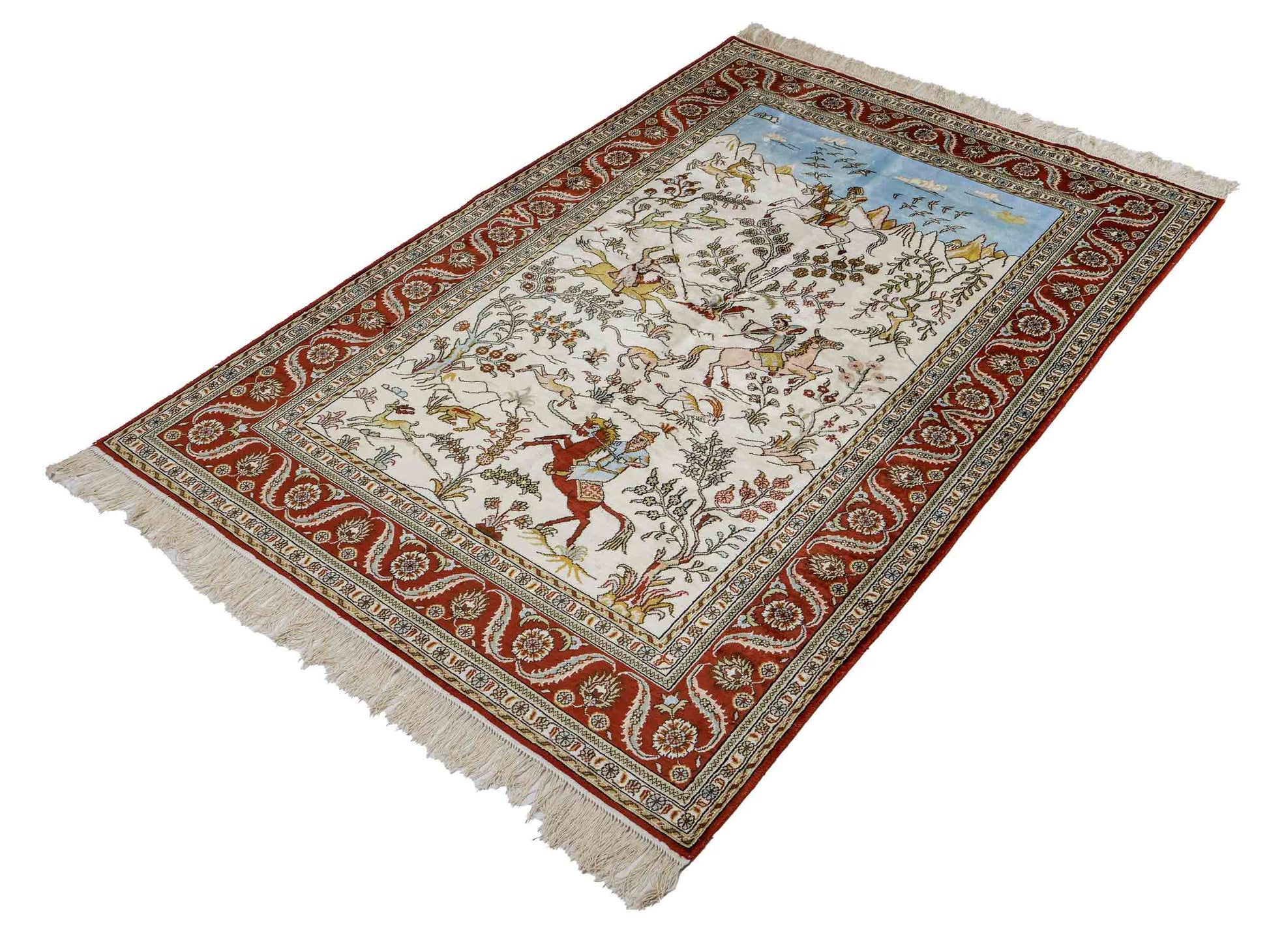 Feiner, handgeknüpfter Art Ghom aus Kunstseide. Ursprung China. Größe: 186 x 124 cm. Hauptfarben: Weiß, Creme, Rot. Vertrieb durch JUPITER Intl.