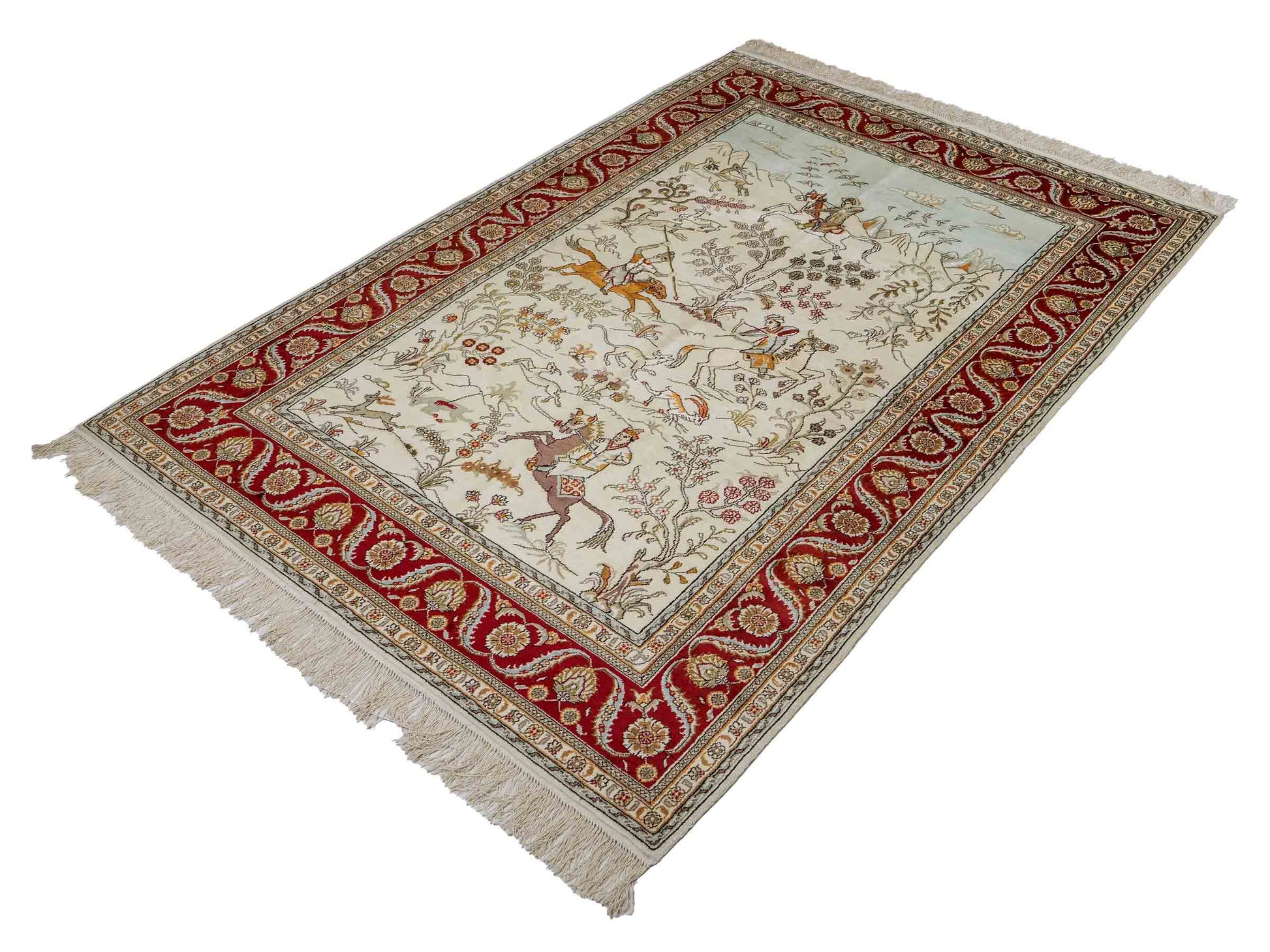 Feiner, handgeknüpfter Art Ghom aus Kunstseide. Ursprung China. Größe: 187 x 125 cm. Hauptfarben: Weiß, Creme, Rot. Vertrieb durch JUPITER Intl.