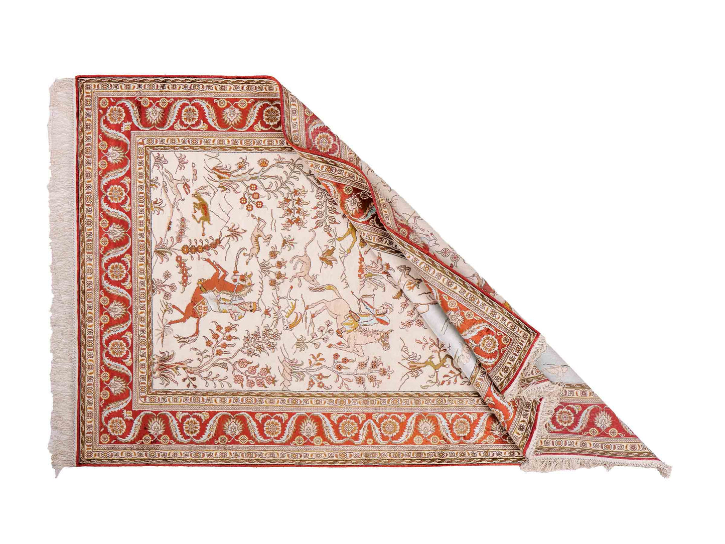 Feiner, handgeknüpfter Art Ghom aus Kunstseide. Ursprung China. Größe: 191 x 126 cm. Hauptfarben: Weiß, Creme, Rot. Vertrieb durch JUPITER Intl.