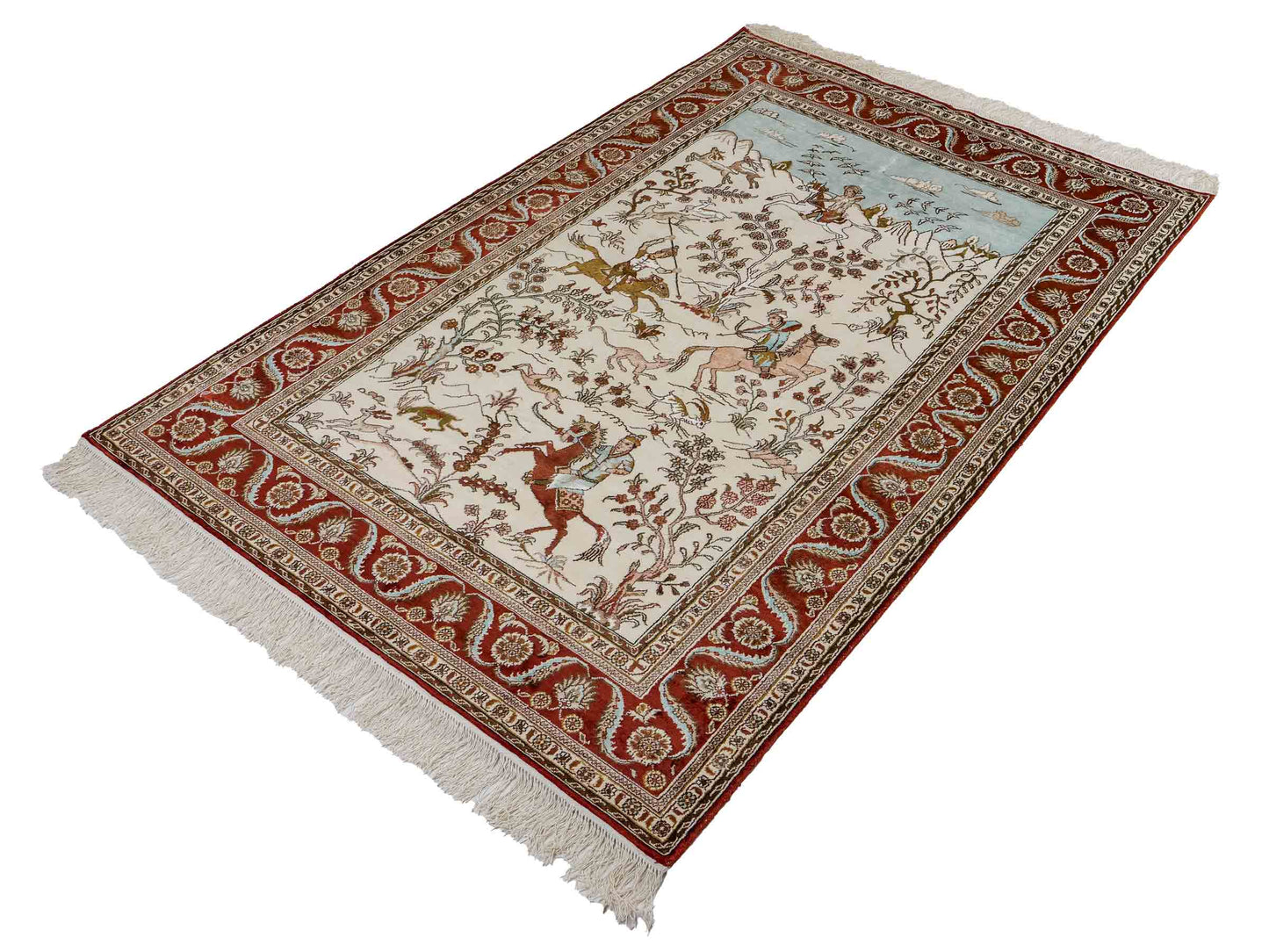 Feiner, handgeknüpfter Art Ghom aus Kunstseide. Ursprung China. Größe: 191 x 126 cm. Hauptfarben: Weiß, Creme, Rot. Vertrieb durch JUPITER Intl.