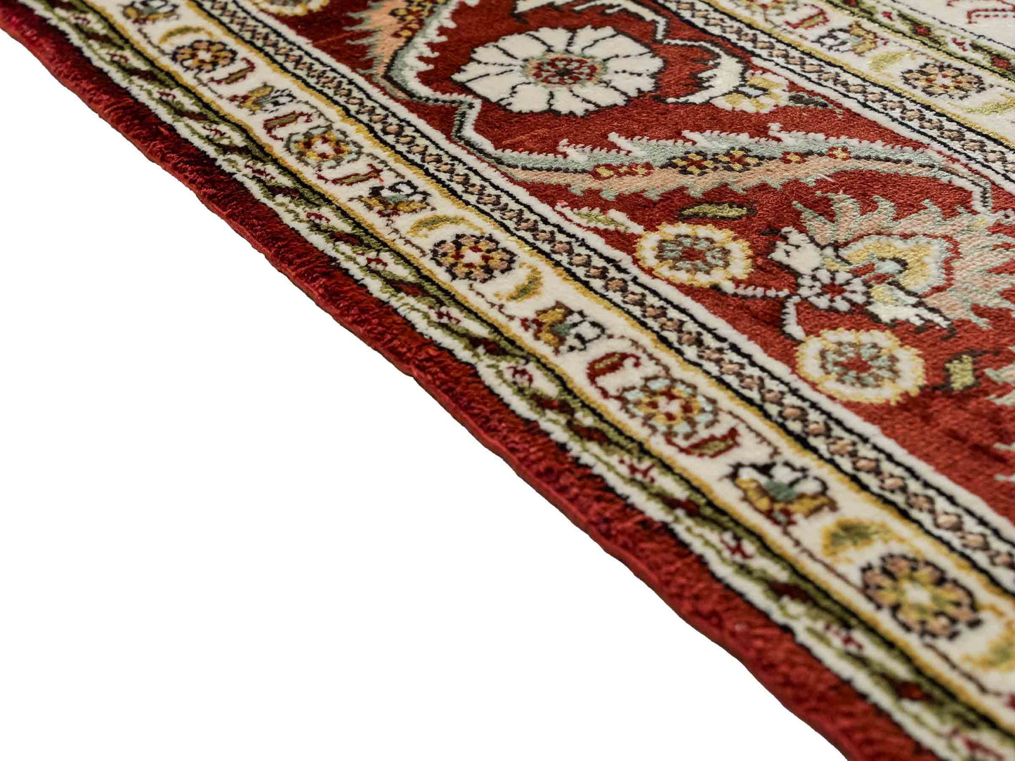 Feiner, handgeknüpfter Art Ghom aus Kunstseide. Ursprung China. Größe: 193 x 121 cm. Hauptfarben: Weiß, Creme, Rot. Vertrieb durch JUPITER Intl.