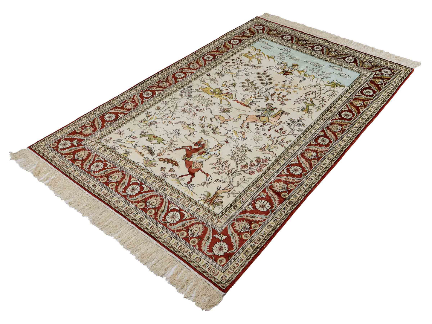 Feiner, handgeknüpfter Art Ghom aus Kunstseide. Ursprung China. Größe: 193 x 121 cm. Hauptfarben: Weiß, Creme, Rot. Vertrieb durch JUPITER Intl.