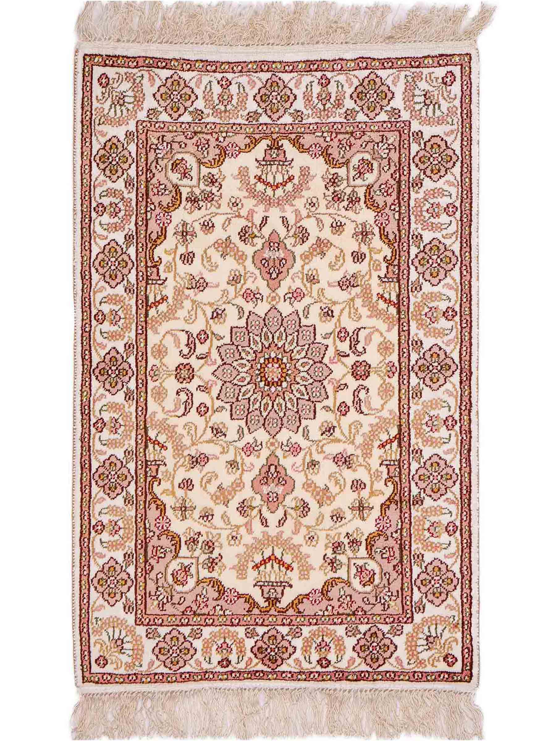 Feiner, handgeknüpfter, chinesischer Orientteppich mit Ghom Design aus Kunstseide, weiß, creme. 88x59 cm. Verkauf durch Jupiter Intl.