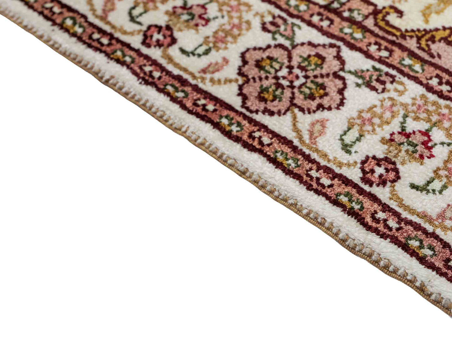 Feiner, handgeknüpfter, chinesischer Orientteppich mit Ghom Design aus Kunstseide, weiß, creme. 88x59 cm. Verkauf durch Jupiter Intl.