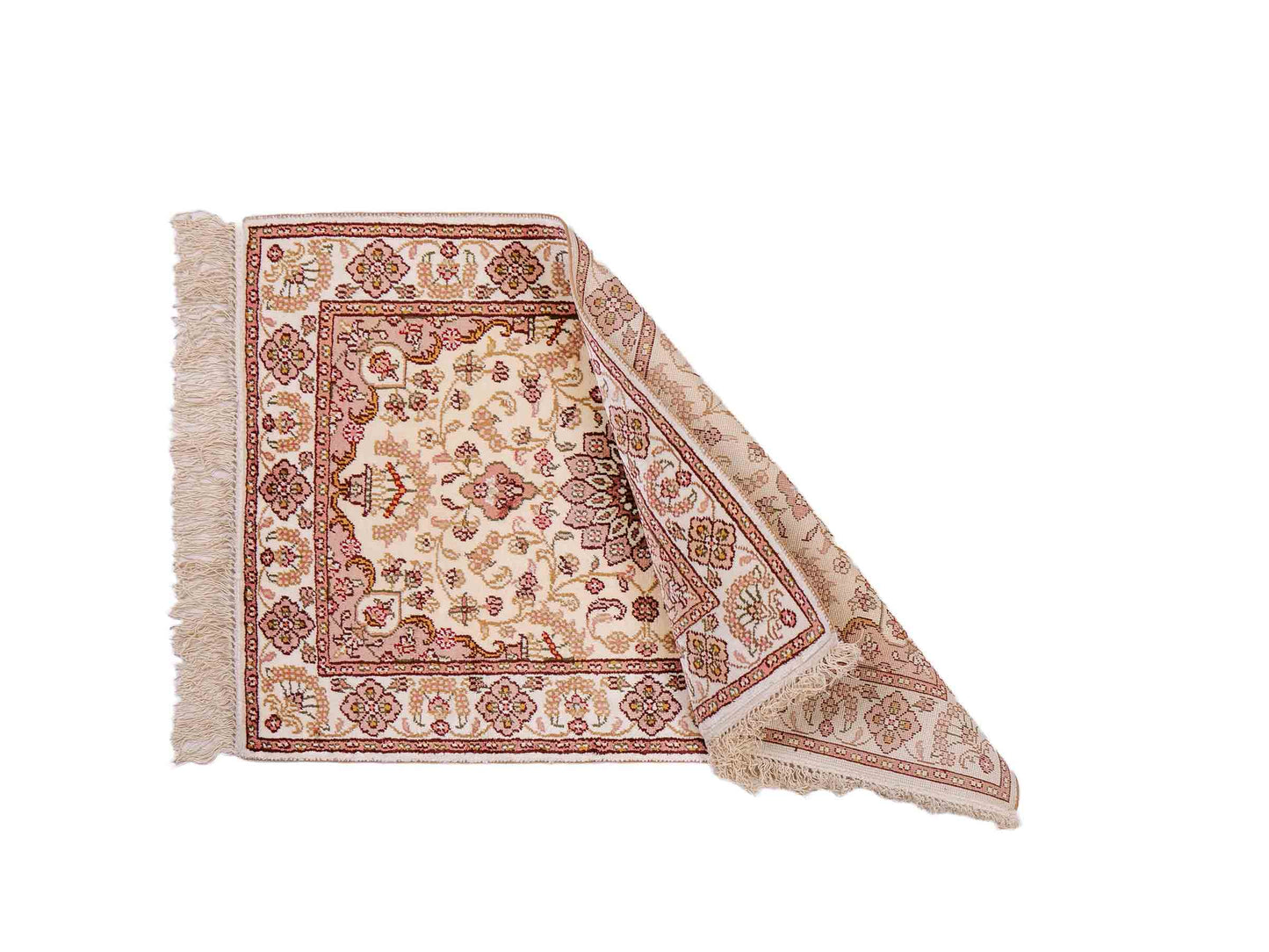 Feiner, handgeknüpfter, chinesischer Orientteppich mit Ghom Design aus Kunstseide, weiß, creme. 88x59 cm. Verkauf durch Jupiter Intl.