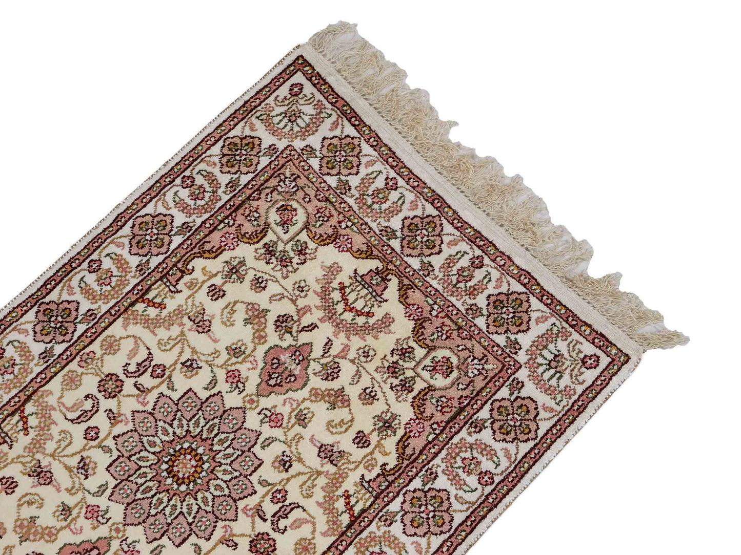 Feiner, handgeknüpfter, chinesischer Orientteppich mit Ghom Design aus Kunstseide, weiß, creme. 88x59 cm. Verkauf durch Jupiter Intl.