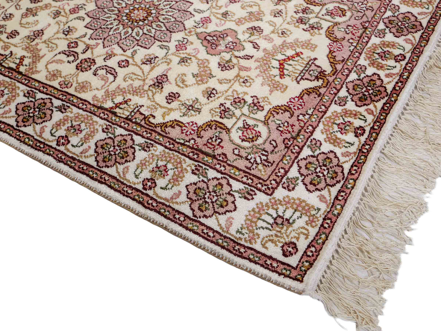 Feiner, handgeknüpfter, chinesischer Orientteppich mit Ghom Design aus Kunstseide, weiß, creme. 88x59 cm. Verkauf durch Jupiter Intl.