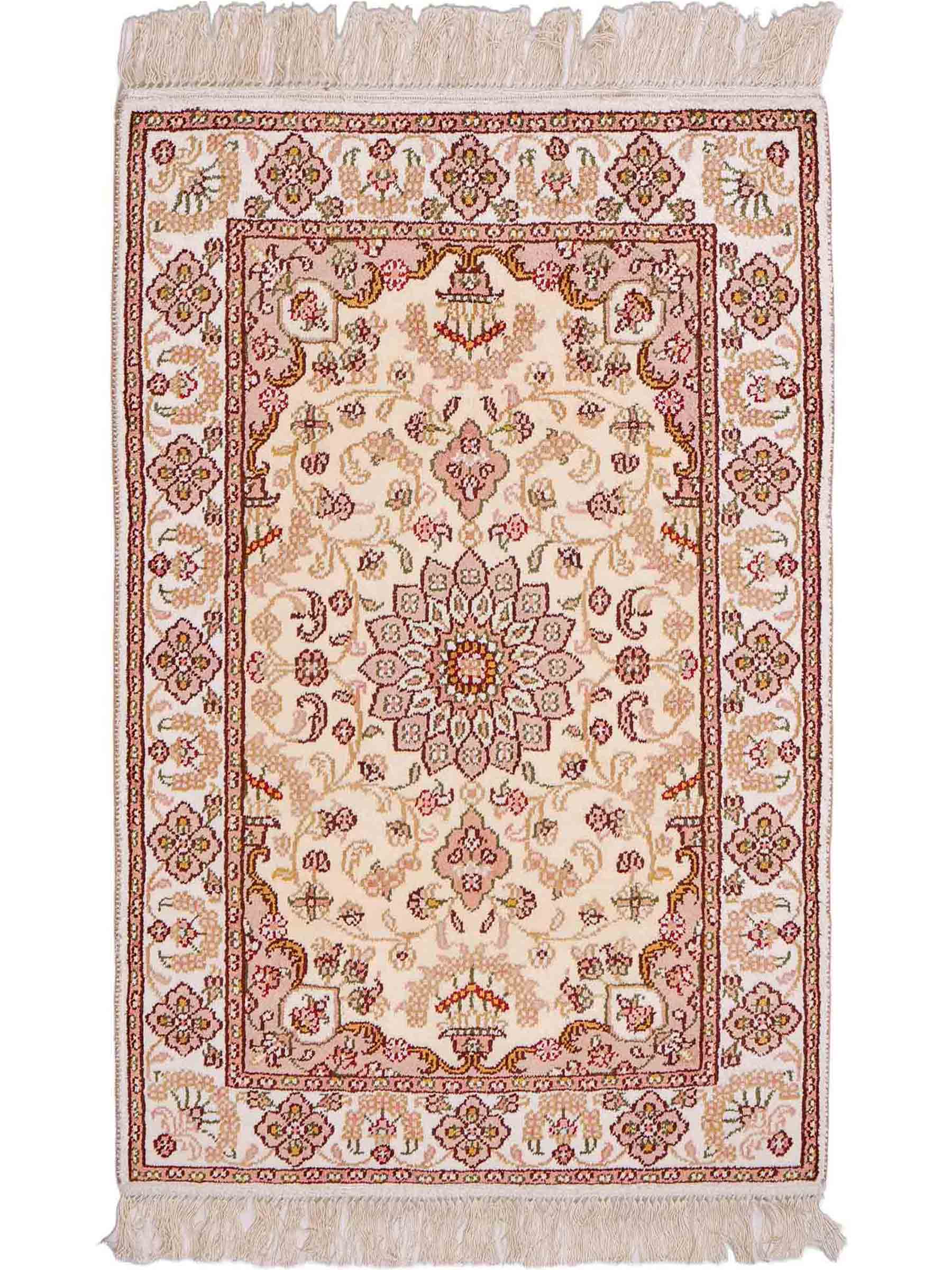 Feiner, handgeknüpfter, chinesischer Orientteppich mit Ghom Design aus Kunstseide, weiß, creme. 89x60 cm. Verkauf durch Jupiter Intl.