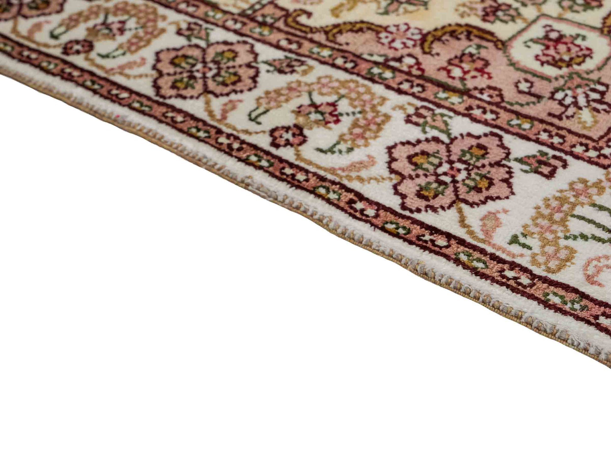 Feiner, handgeknüpfter, chinesischer Orientteppich mit Ghom Design aus Kunstseide, weiß, creme. 89x60 cm. Verkauf durch Jupiter Intl.