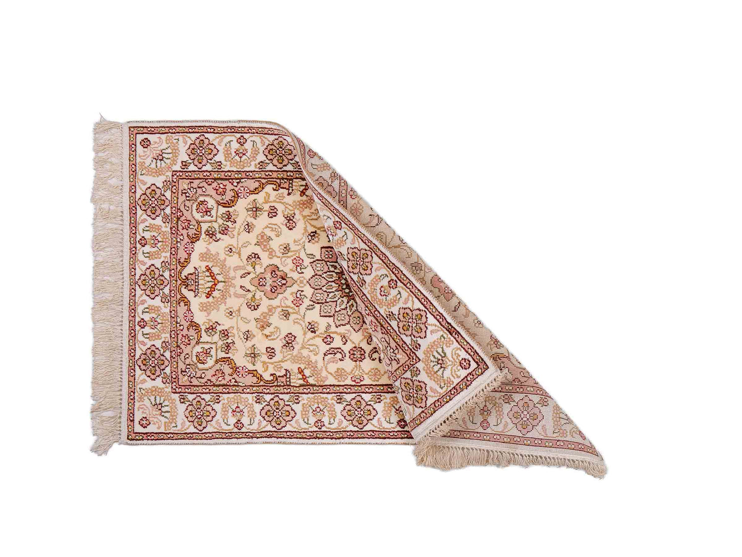 Feiner, handgeknüpfter, chinesischer Orientteppich mit Ghom Design aus Kunstseide, weiß, creme. 89x60 cm. Verkauf durch Jupiter Intl.