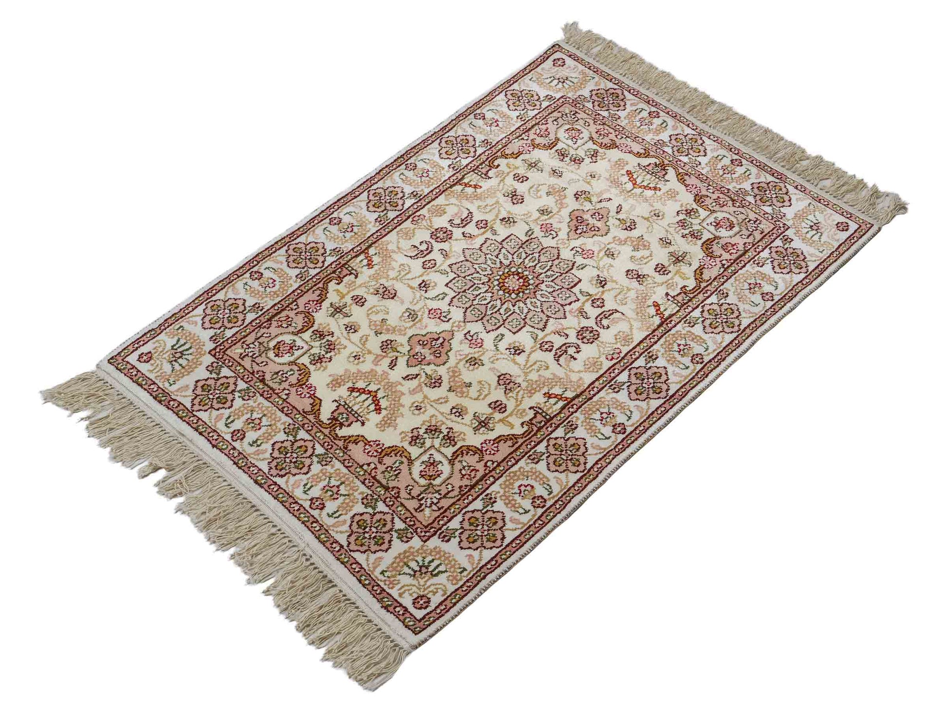 Feiner, handgeknüpfter, chinesischer Orientteppich mit Ghom Design aus Kunstseide, weiß, creme. 89x60 cm. Verkauf durch Jupiter Intl.