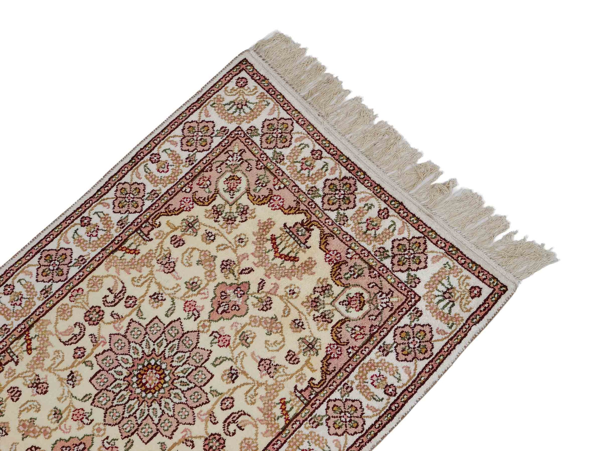 Feiner, handgeknüpfter, chinesischer Orientteppich mit Ghom Design aus Kunstseide, weiß, creme. 89x60 cm. Verkauf durch Jupiter Intl.