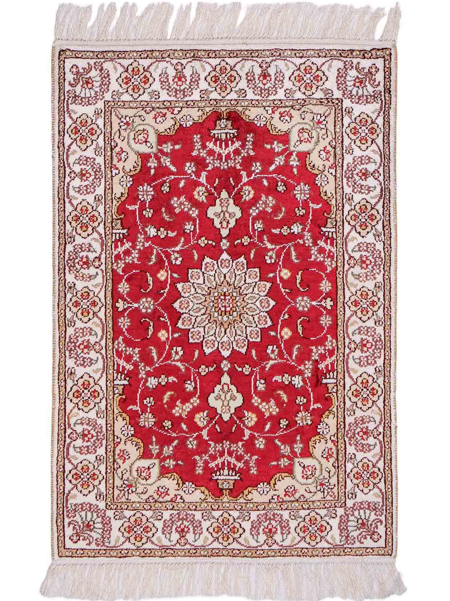 Feiner, handgeknüpfter, chinesischer Orientteppich mit Ghom Design aus Kunstseide, rot, weiß, creme. 89x61 cm. Verkauf durch Jupiter Intl.
