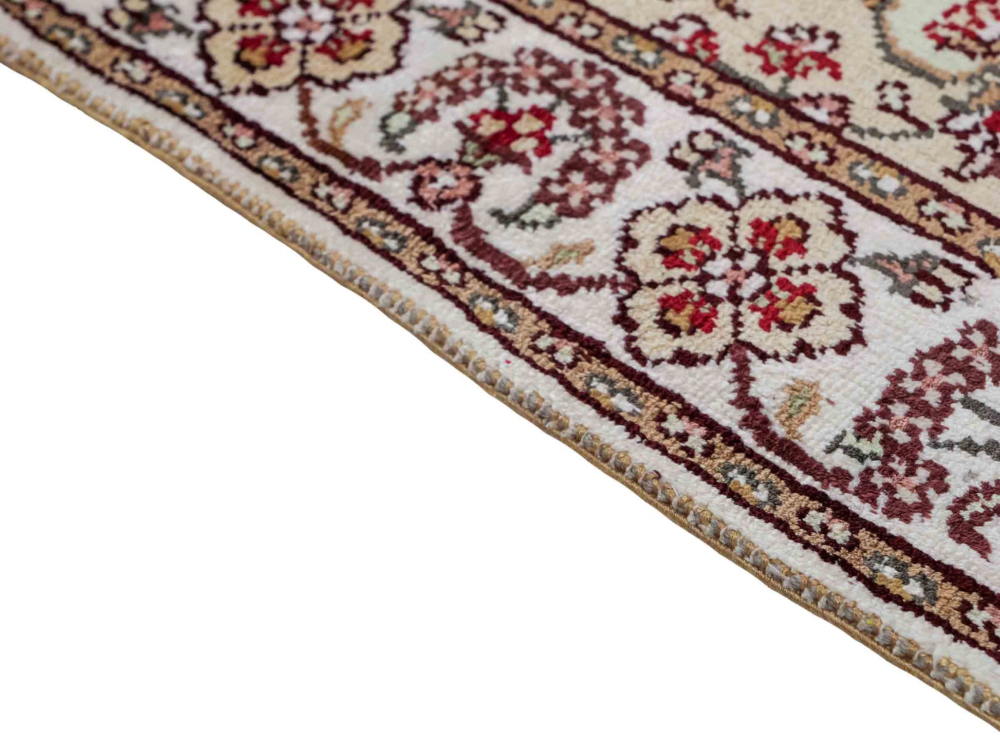 Feiner, handgeknüpfter, chinesischer Orientteppich mit Ghom Design aus Kunstseide, rot, weiß, creme. 89x61 cm. Verkauf durch Jupiter Intl.